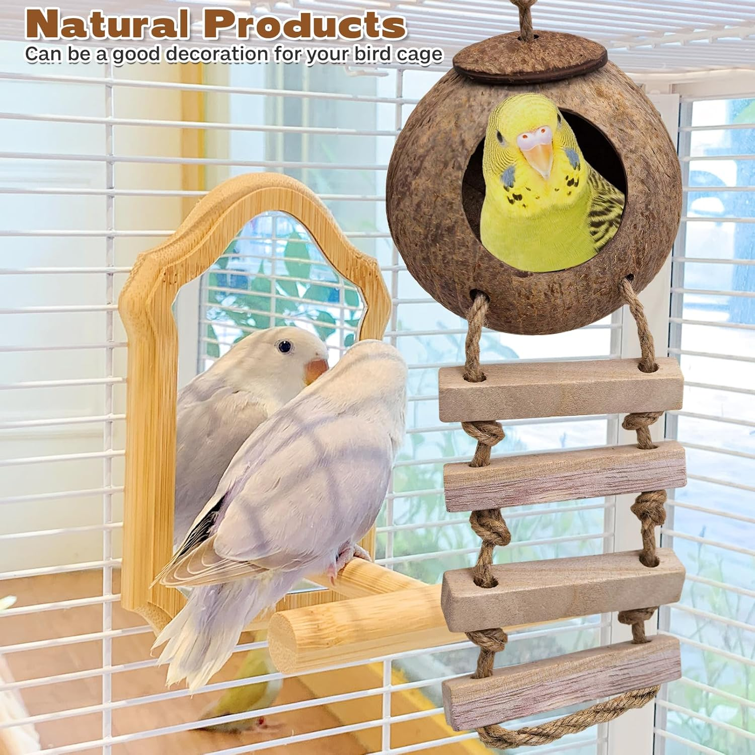 PINVNBY Coconut Bird Nest Hut with Ladder, Coconut Hiding Place Inseparable House Hanging Toy for Budgies Parakeets Cockatiels Parakeet Canary Finch Dove (With Natural Cocoon image number 6