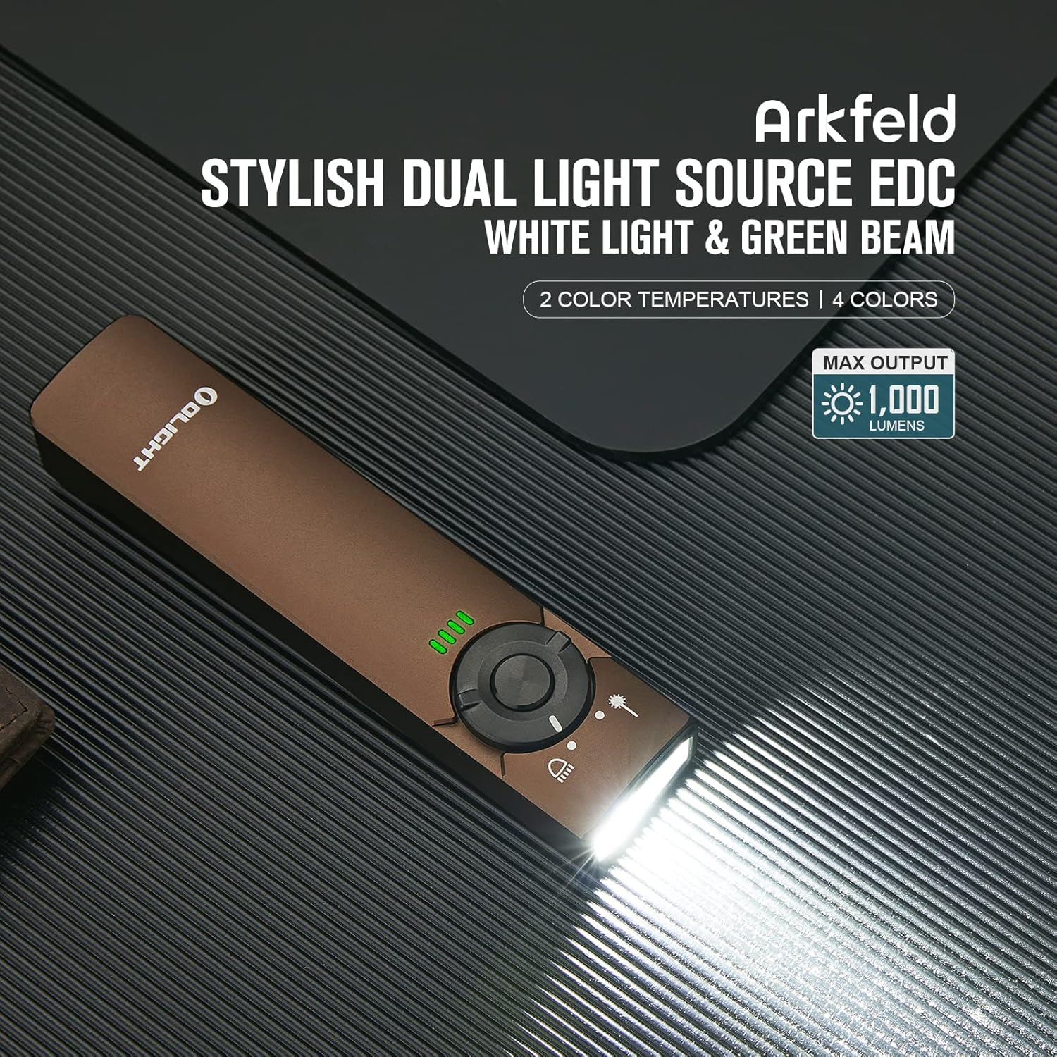 OLIGHT Arkfeld Max 1000 Lumens Rechargeable EDC Flashlight Dual Light Source with Green Beam for Pet, Presentation(Desert Tan, Cool White Light: 5700~6700K) image number 6