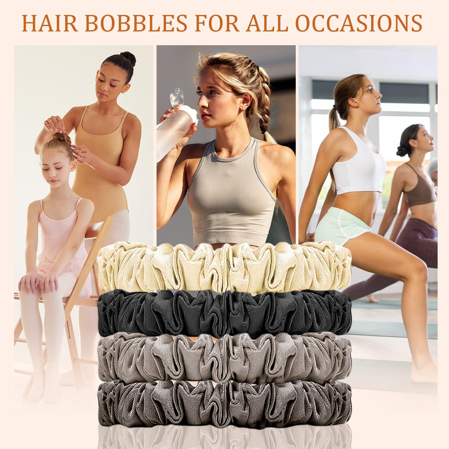 ARWIG 4 Pcs Silk Scrunchies | Silk Hair Ties | Satin Scrunchies | Elastic Hair Bands | Hair Bobbles | Hair Scrunchies for Women | Hair Ties No Damage (Black Khaki Coffee Beige image number 1