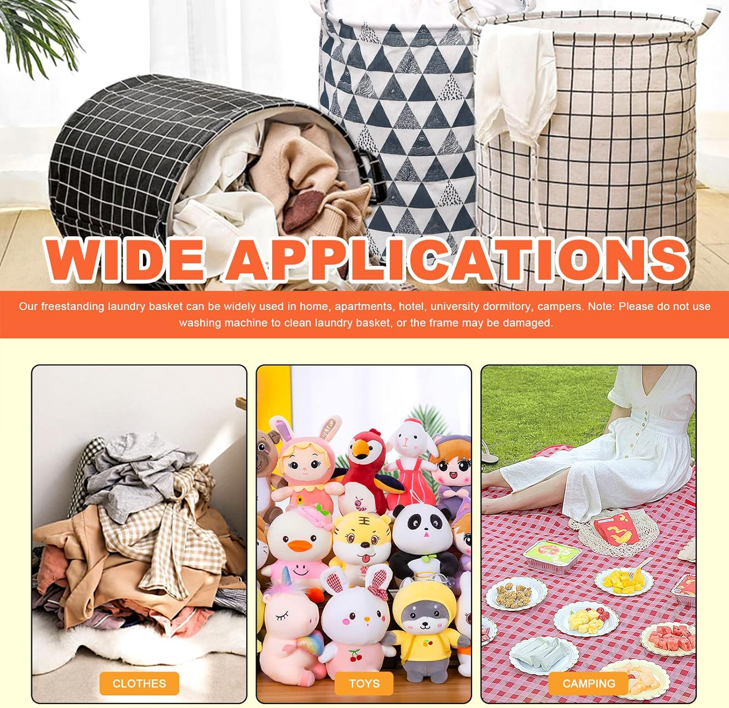 Tanstic 1Pc Freestanding Laundry Basket with Black Lattice Pattern, Foldable Large Drawstring Clothes Hamper Collapsible Fabric Bag with Leather Handle for Clothes Washing (15.7X19.6 Inch) image number 2