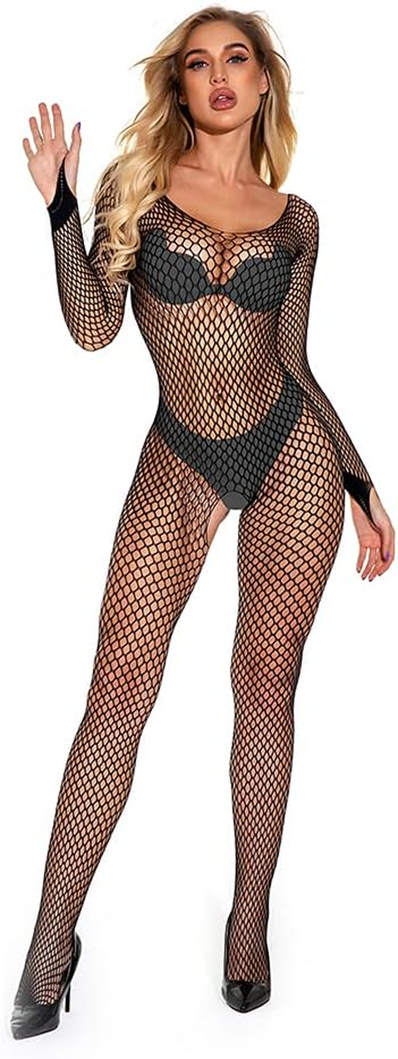 Czizitong Mesh Fishnet Lingerie Thigh High Stockings Teddy Bodysuit Lace Babydoll Sexy Lingerie for Women - Black image number 3