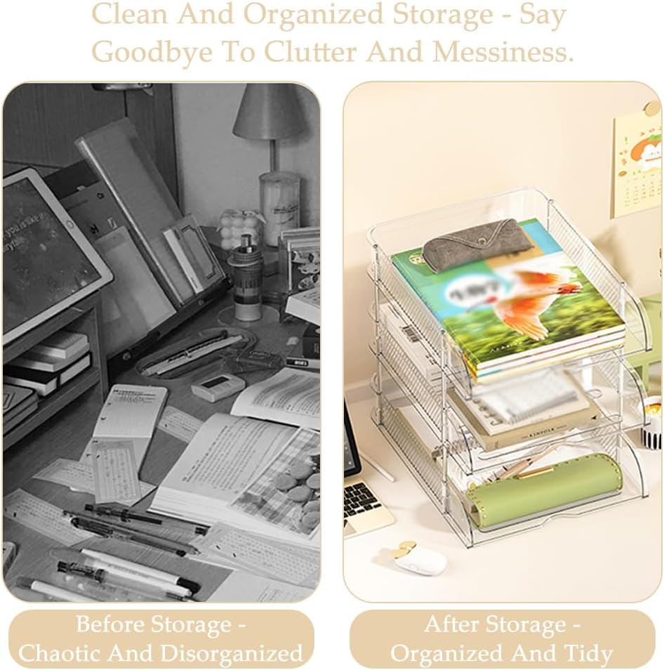 Transparent Stackable Storage Box (4 Pack), File Rack with Non-Slip Strips, Desktop Multi-Layer Storage Rack, for Store Books, Magazines, Folders, File Paper, Notes and Pens image number 1