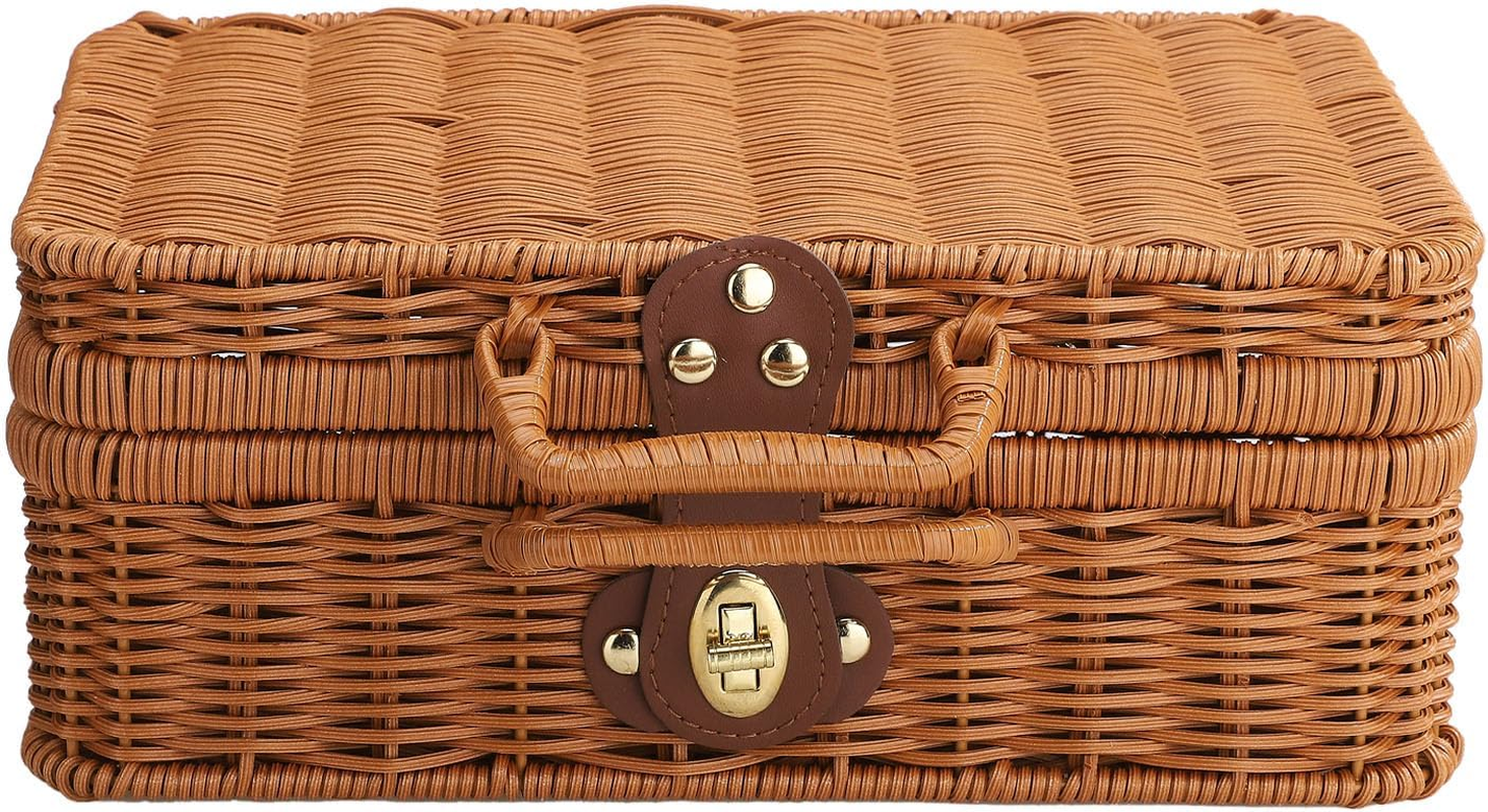 Retro Plastic Wicker Suitcase,Rattan Suitcase Box with Leather Strap Lock,Wicker Picnic Basket Storage Box,Suitcase Basket Rattan Storage Basket for Picnic outside Party (A1) image number 2