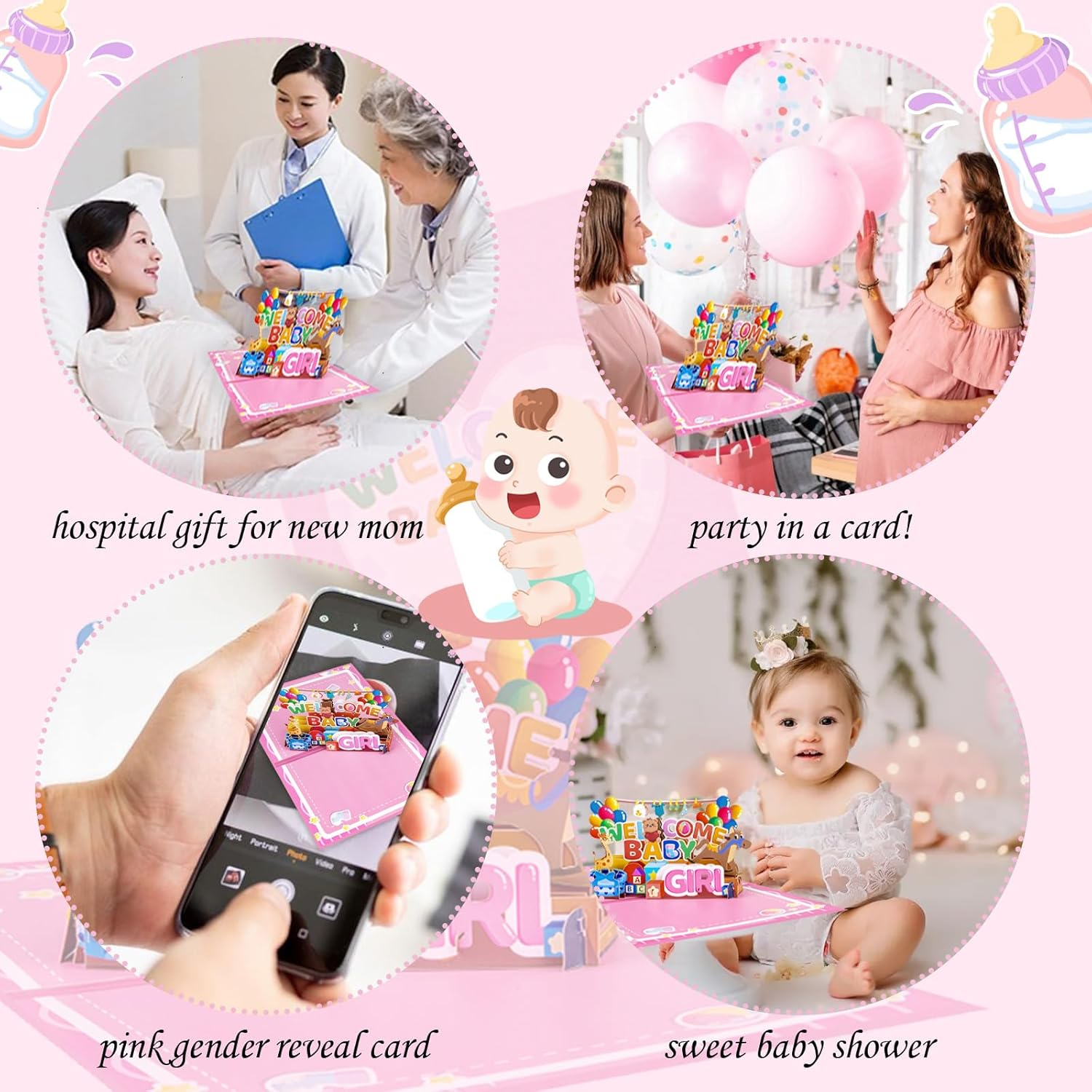 New Baby Girl Card - "Welcome Baby Girl" 3D Pop-Up Shower Card with Gifts & Animals, Pink Gender Reveal Greeting Card for Newborn - Includes Blessing Tag & Envelope (7.87"X5.91") image number 1
