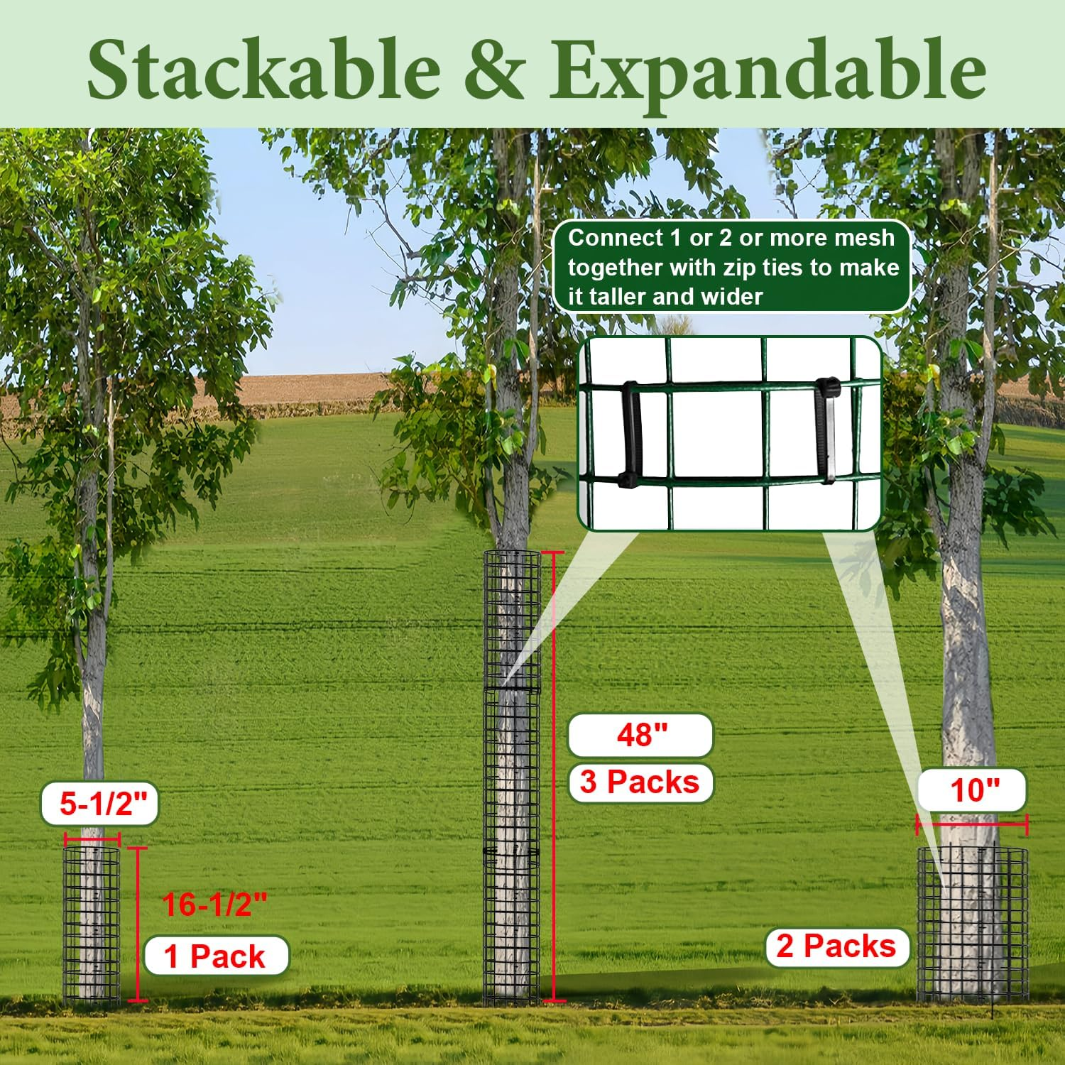 Tree Trunk Protector, 12 Pack Metal Mesh Tree Bark Protector 5'' Dia X 16-1/2'' H with Zip Ties & Stakes, Expandable Tree Guards Trunk Protector, Tree Protectors from Deer, Trimmers (12 Packs) - 6 Packs image number 4