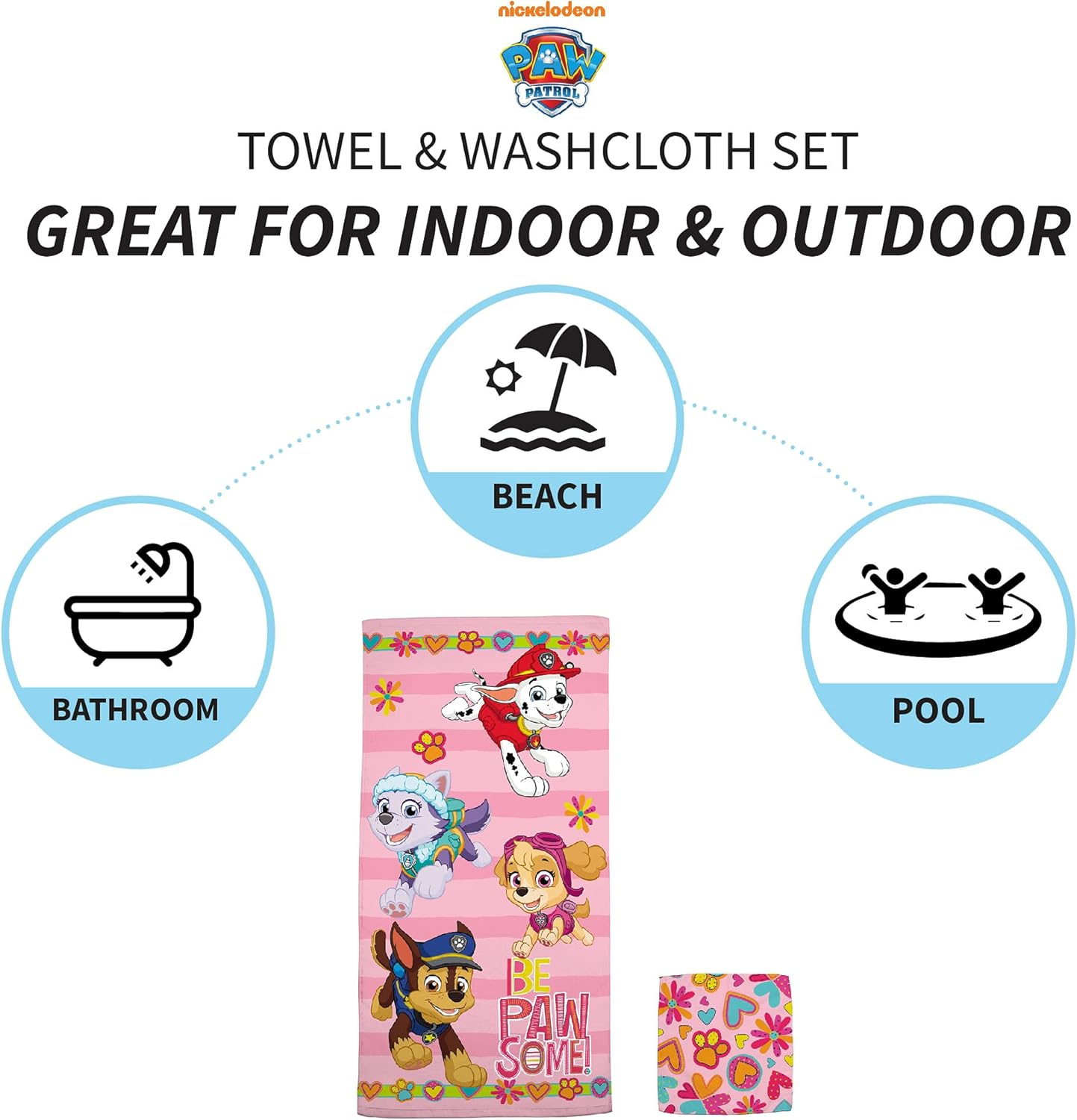 Franco Paw Patrol Girls Kids Bath/Pool/Beach Soft Absorbent Cotton Terry Towel with Washcloth 2 Piece Set, 50 in X 25 In
