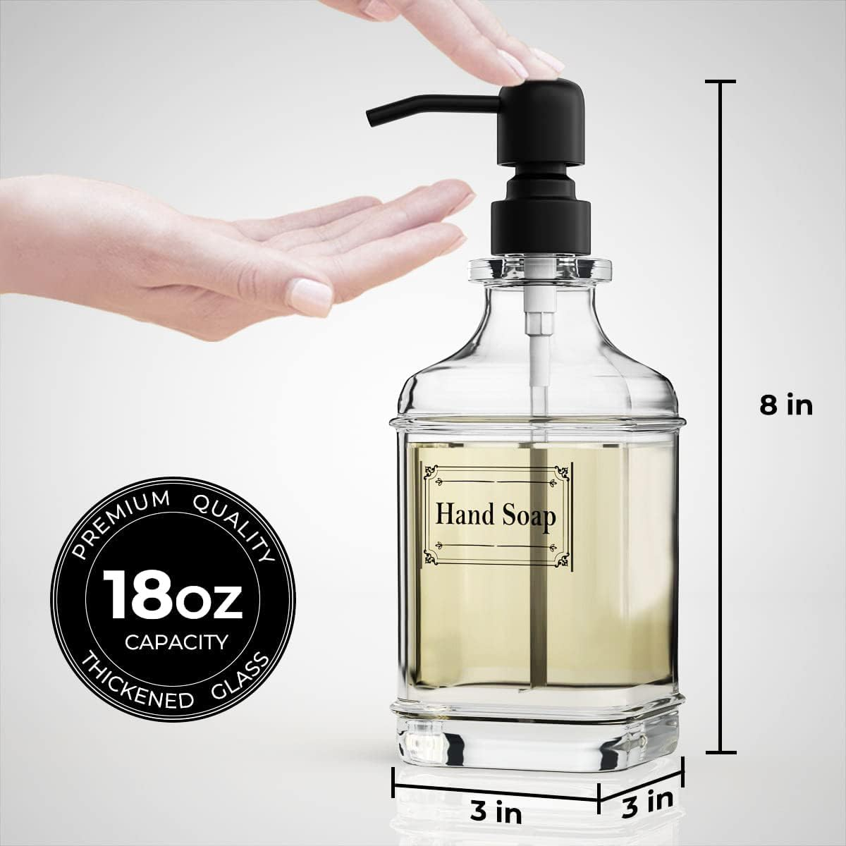 Soap Dispenser 2 Pack, 18 Oz Antique Design Thick Glass Hand Soap Dispensers with 304 Rust Proof Stainless Steel Pump 4 Clear Stickers for Bathroom Kitchen image number 4