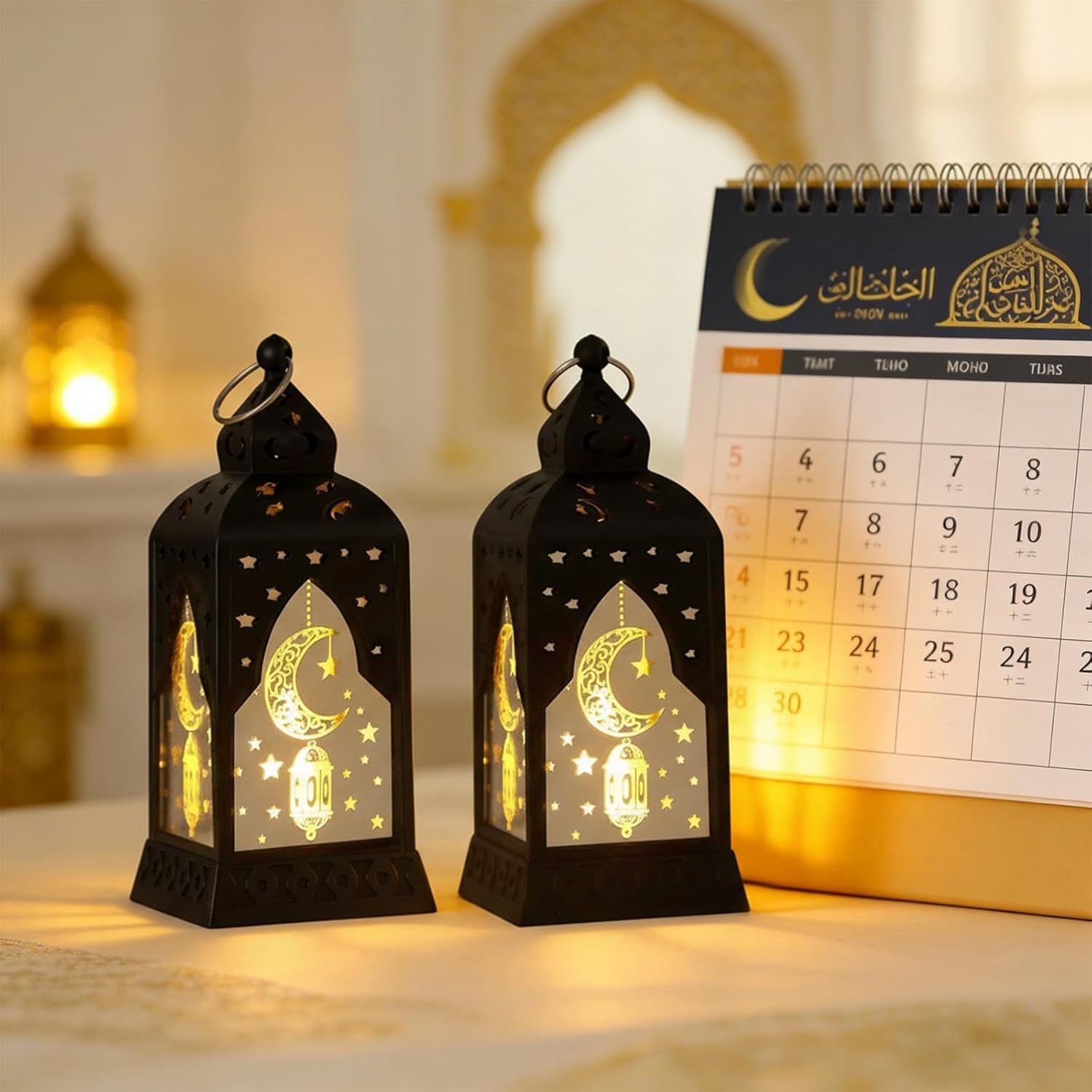 ABTOLS Ramadan Decor Lantern Lights Mini Black Eid Mubarak Candle Lantern for Indoor Outdoor Table Decorations Castle Moon Ramadan Islamic Muslim Hanging Lanterns for Home Tabletop Decor image number 4