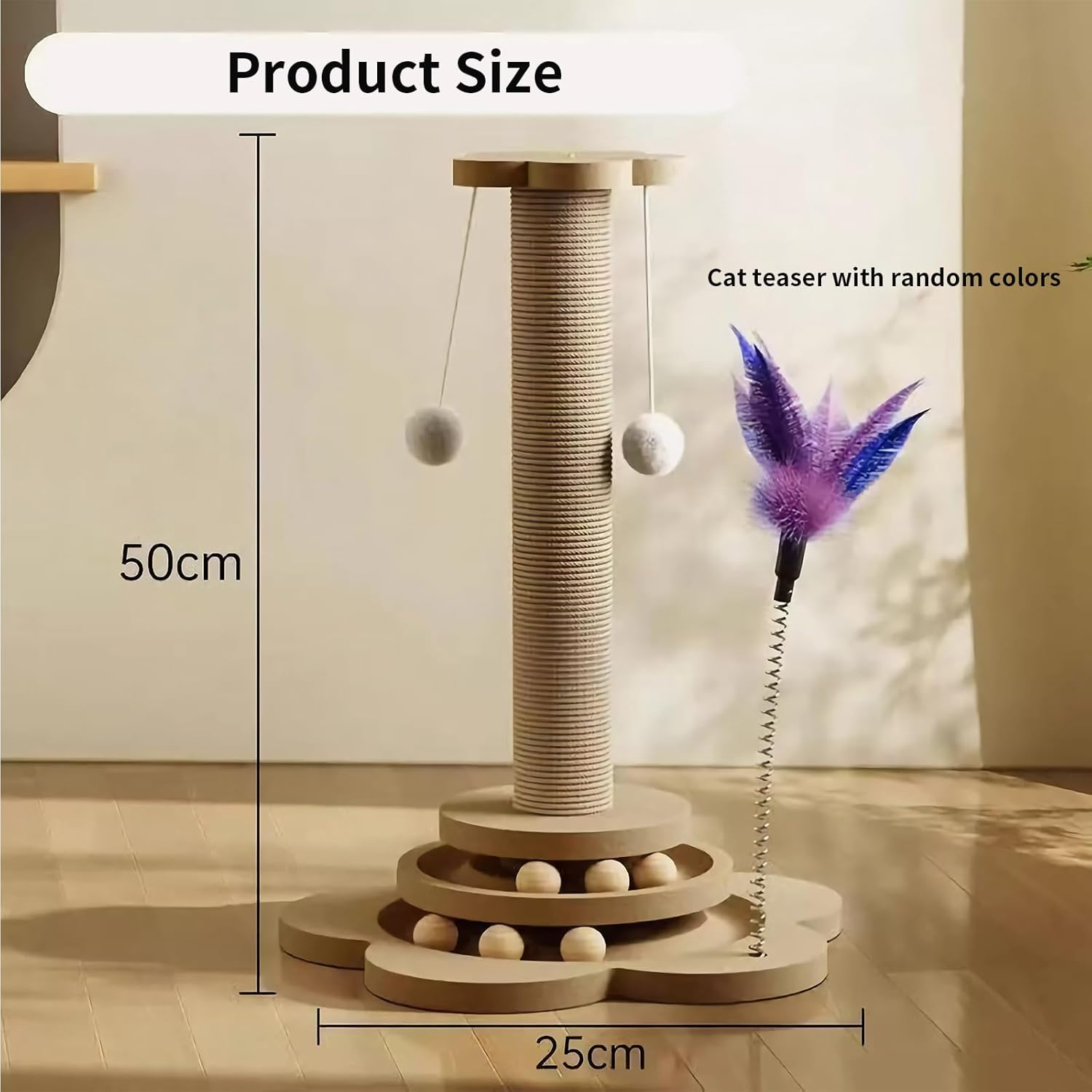 Cat Scratching Post 50 CM with Dangling Ball and Cat Teaser, Cat Scratcher Kitten Toys for Indoor Cats Wooden Ball Track, Scratch Post Interactive Toy image number 6
