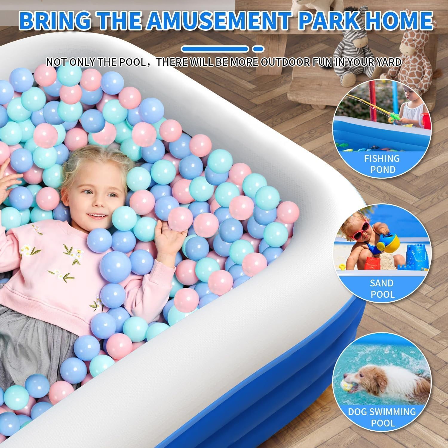 380Cm Inflatable Playing Pool, Family Rectangular Swimming Pool with Inflatable Soft Floor for Backyard, Garden, Indoor(Blue) image number 5