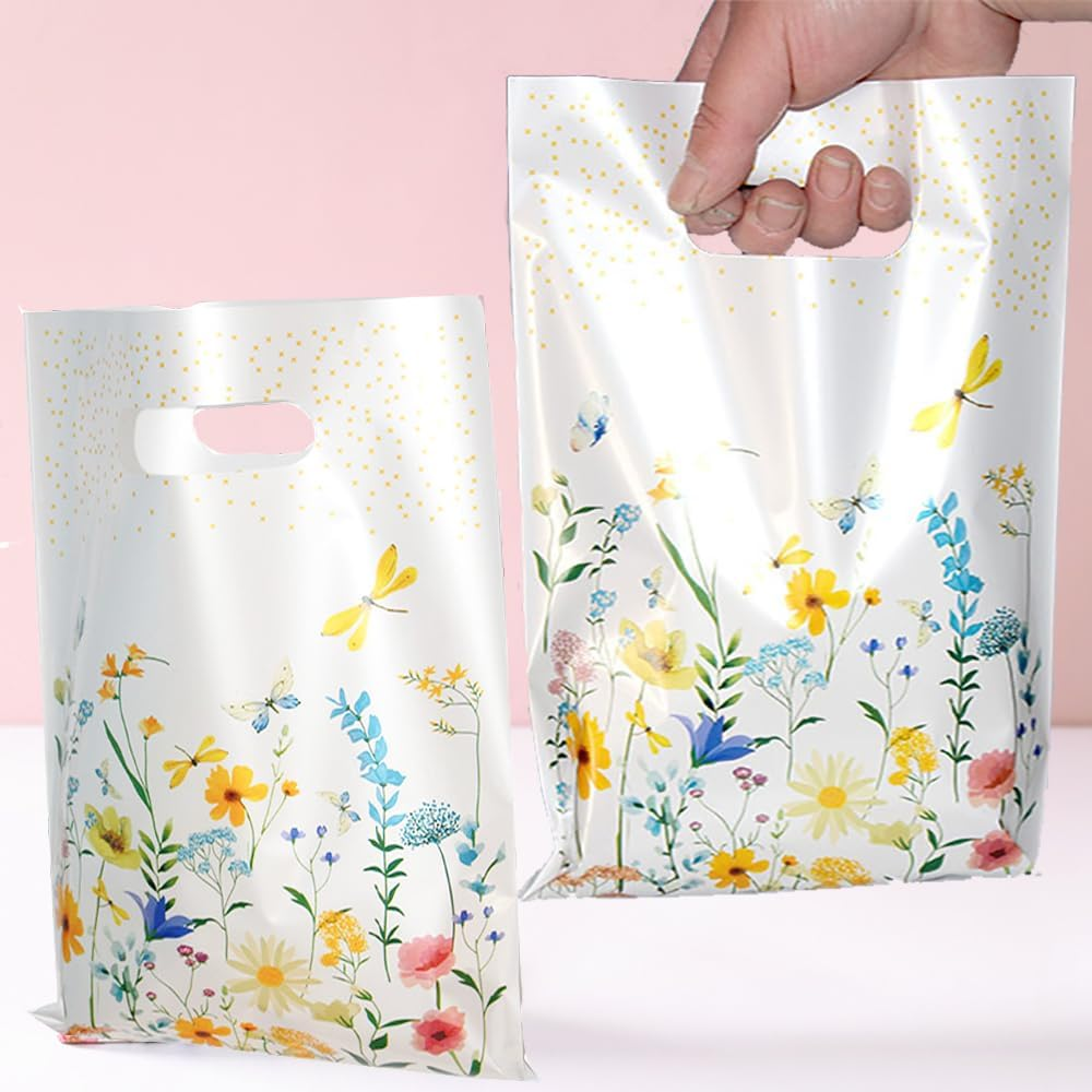 YJSPARKK 100 PCS Party Favor Bags,Goodie Candy Bags with Handles,Flower Pattern Plastic Small Gift Bag Bulk for Birthday,Baby Shower, Wedding, Thanksgiving,Christmas, New Years image number 4