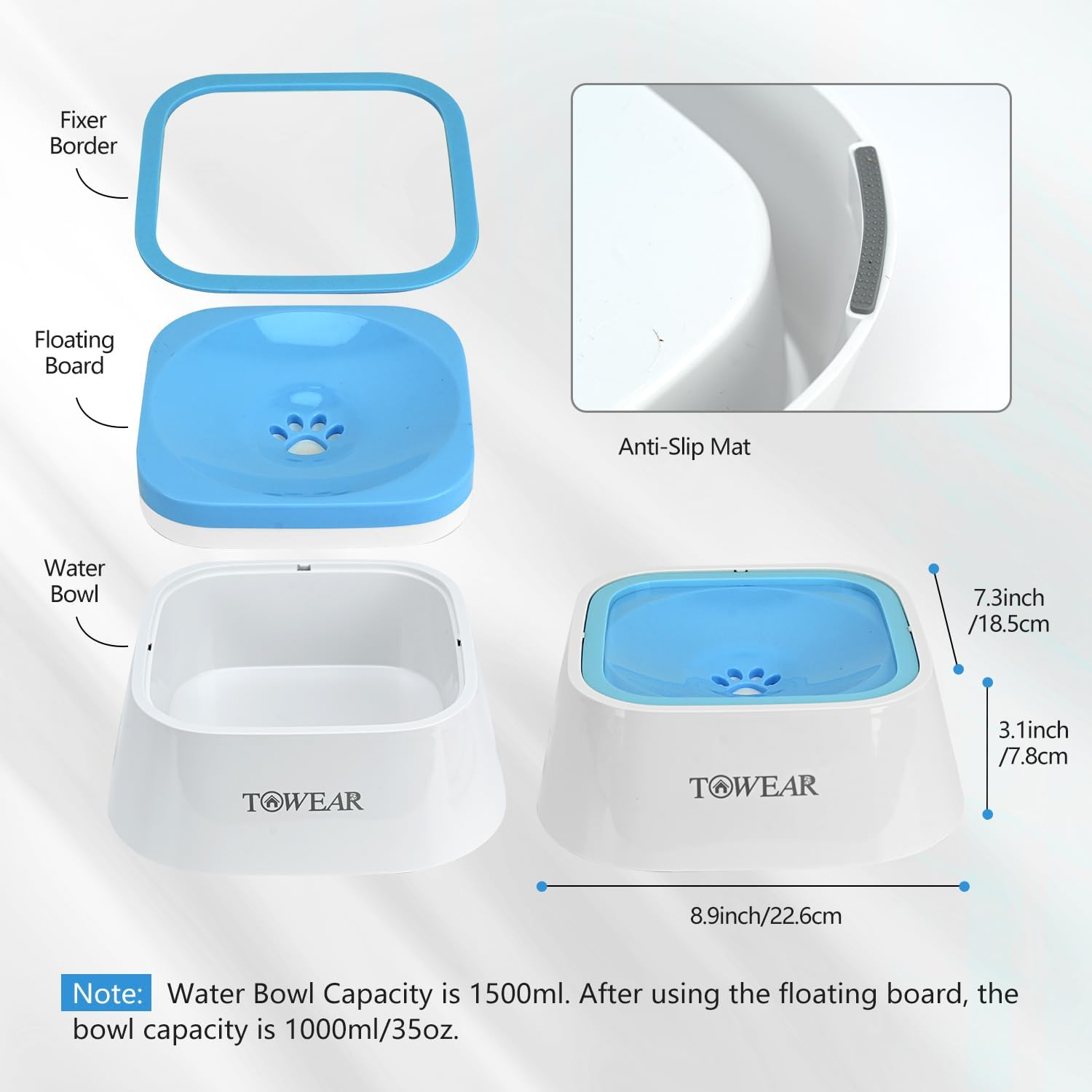 No Splash Dog Water Bowl with Floating Disk, 1.5L Slow Drinking Feeder, Anti-Overflow Anti-Choking No Spill Pet Water Bowl for Dog Cat Puppy Kitten (Sky Blue)