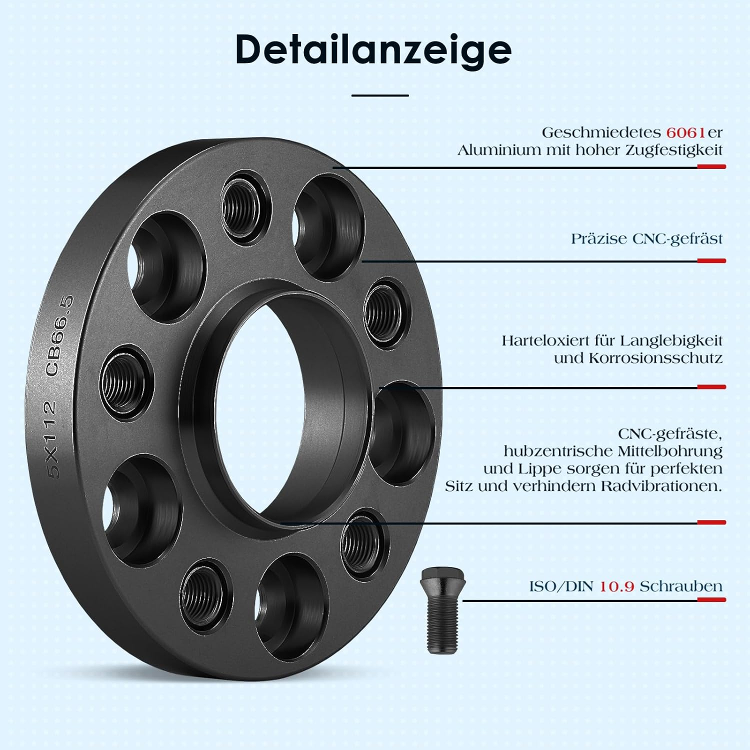 GEARMONSTER Wheel Spacers 2 X 20 Mm Spacers Set LK: 5 X 112 NLB:66.5 with 10 Wheel Bolts M14 X 1.5 X 25 Mm Wheel Spacers for Audi A4 A5 A6 A7 image number 6