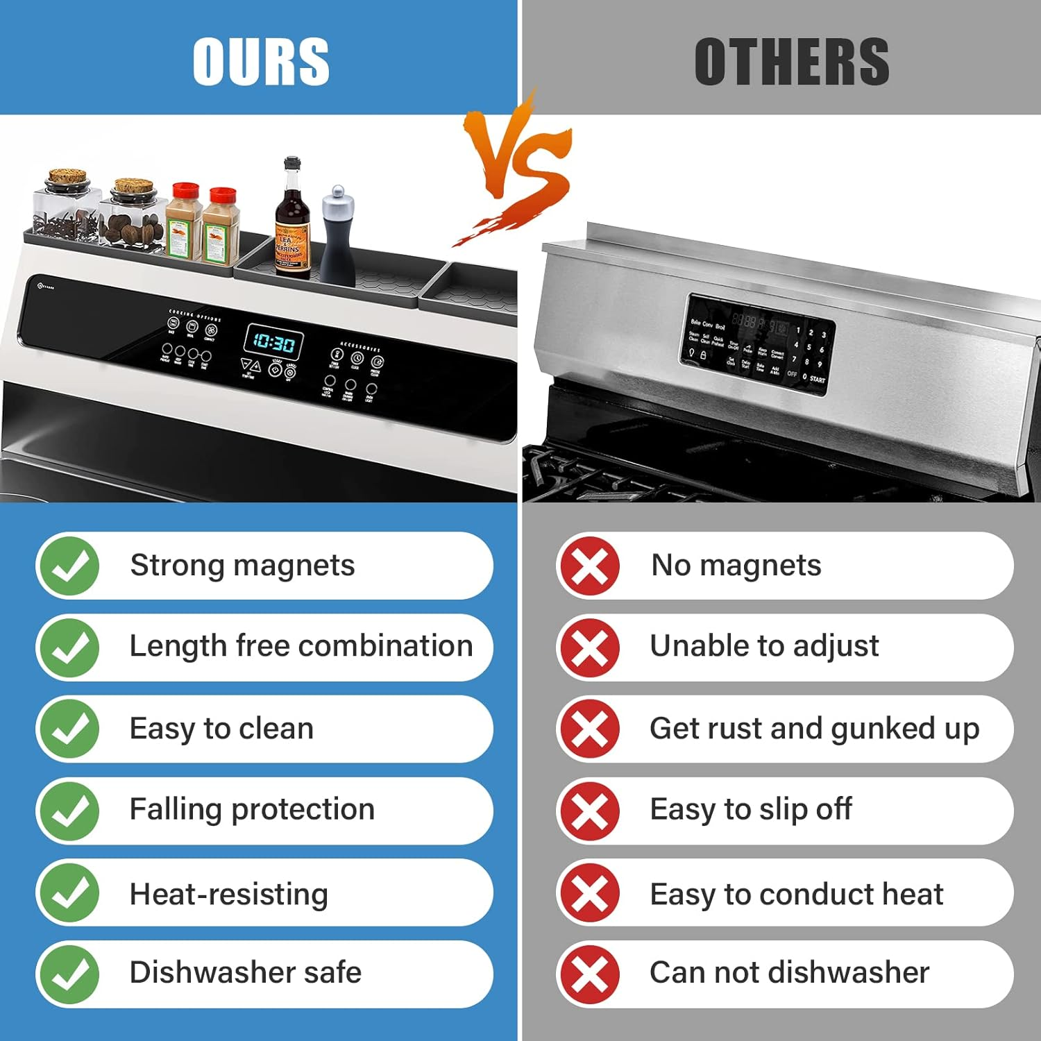 HOOMTREE 30 Inch Stove Top Shelf,Magnetic Silicone Shelf for Stove Top,Segmented Spice Storage Rack Kitchen Organization Shelf,Over Stove Spice Rack Organizer,Stovetop Storage Kitchen Gadgets (Grey) image number 4