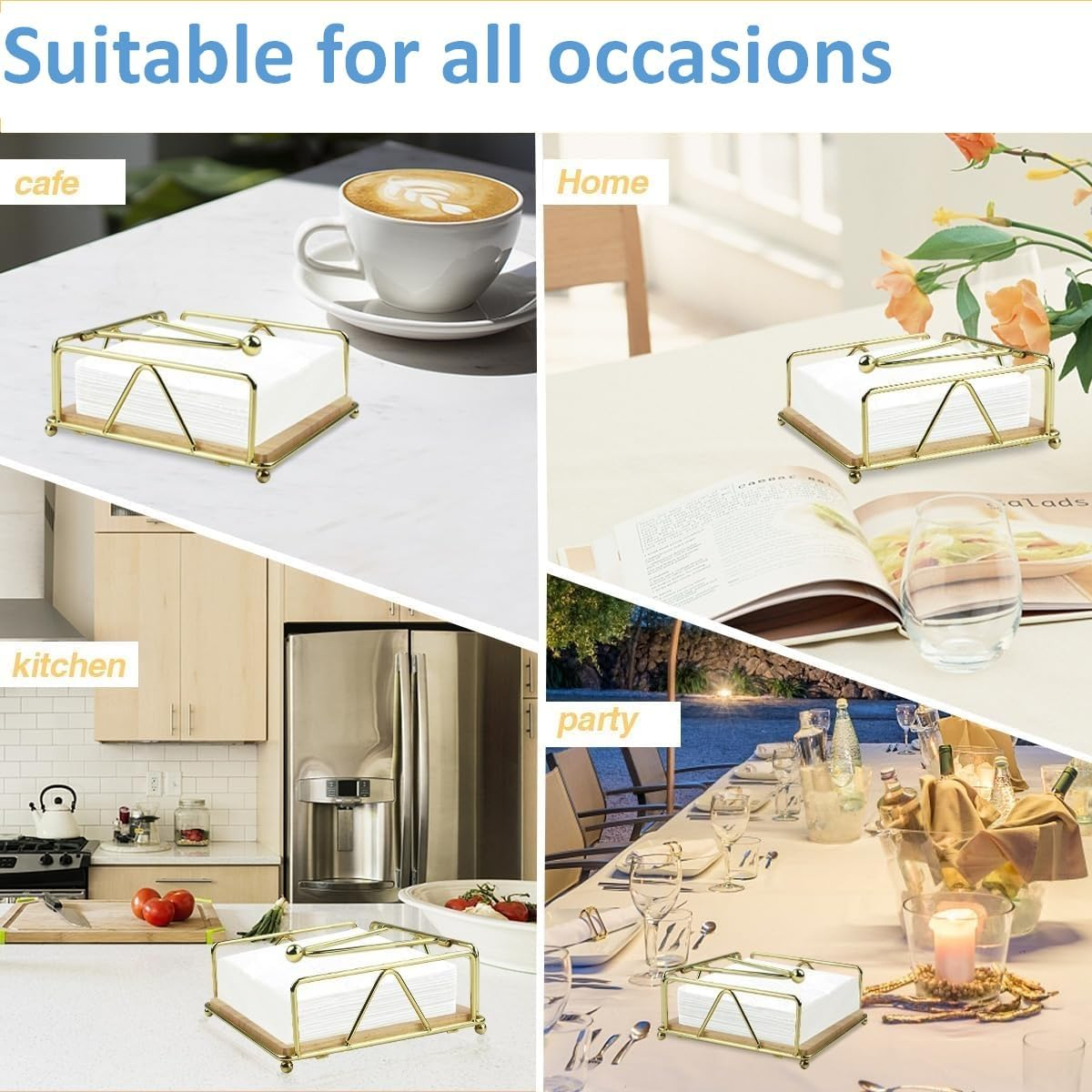 Metal Napkin Holder with Weighted Arm,Metal Napkin Holder with Wooden Base,Square Napkin Holder,Elegant Paper Napkin Dispenser,Metal Flat Napkin Holder for Kitchen Counter, Dining Table (Gold) image number 4