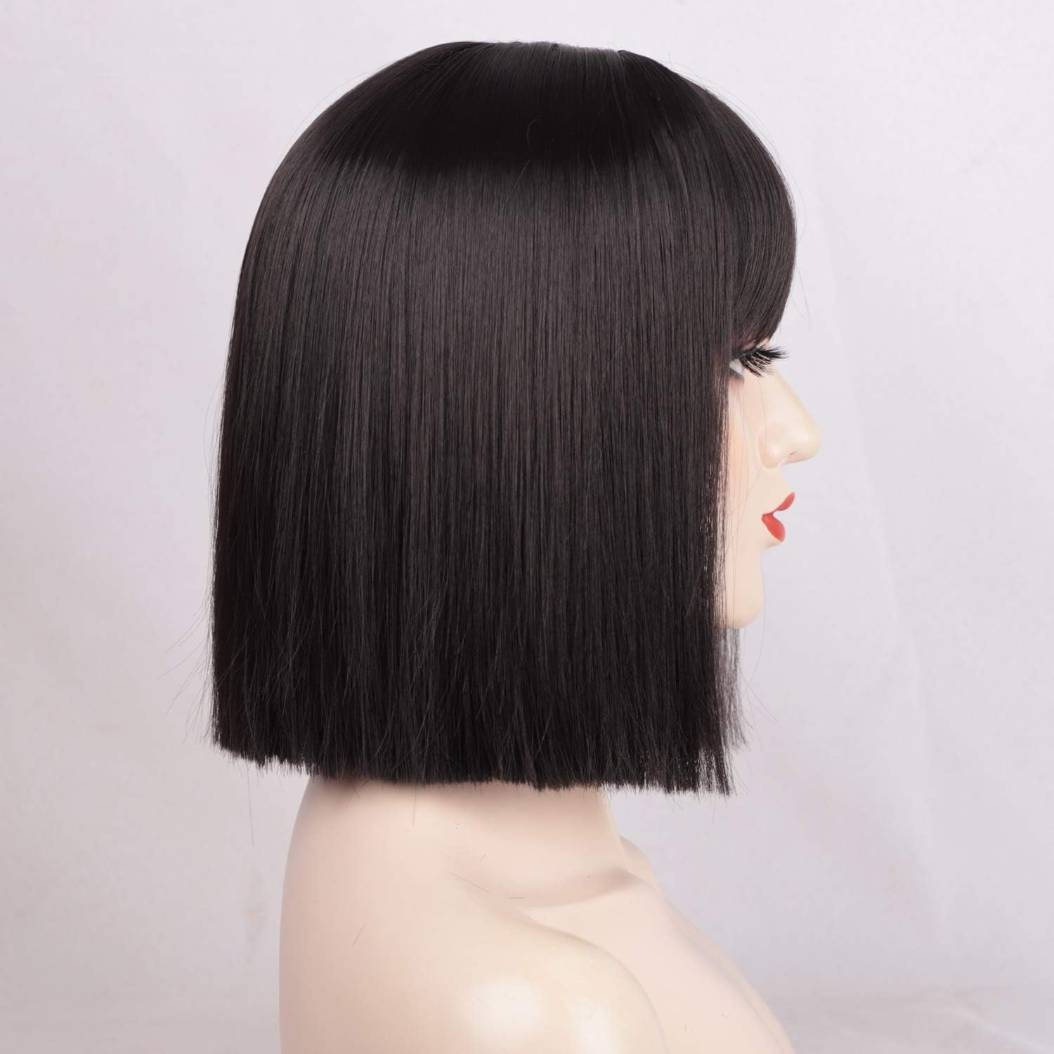 ENTRANCED STYLES (Black) - Black Bob Wig with Bangs, Short Black Wig for Women Straight Bob Wigs Heat Resistant Synthetic Wig Mia Wallace Cleopatra Cospaly Daily Party Cosplay Use 12"