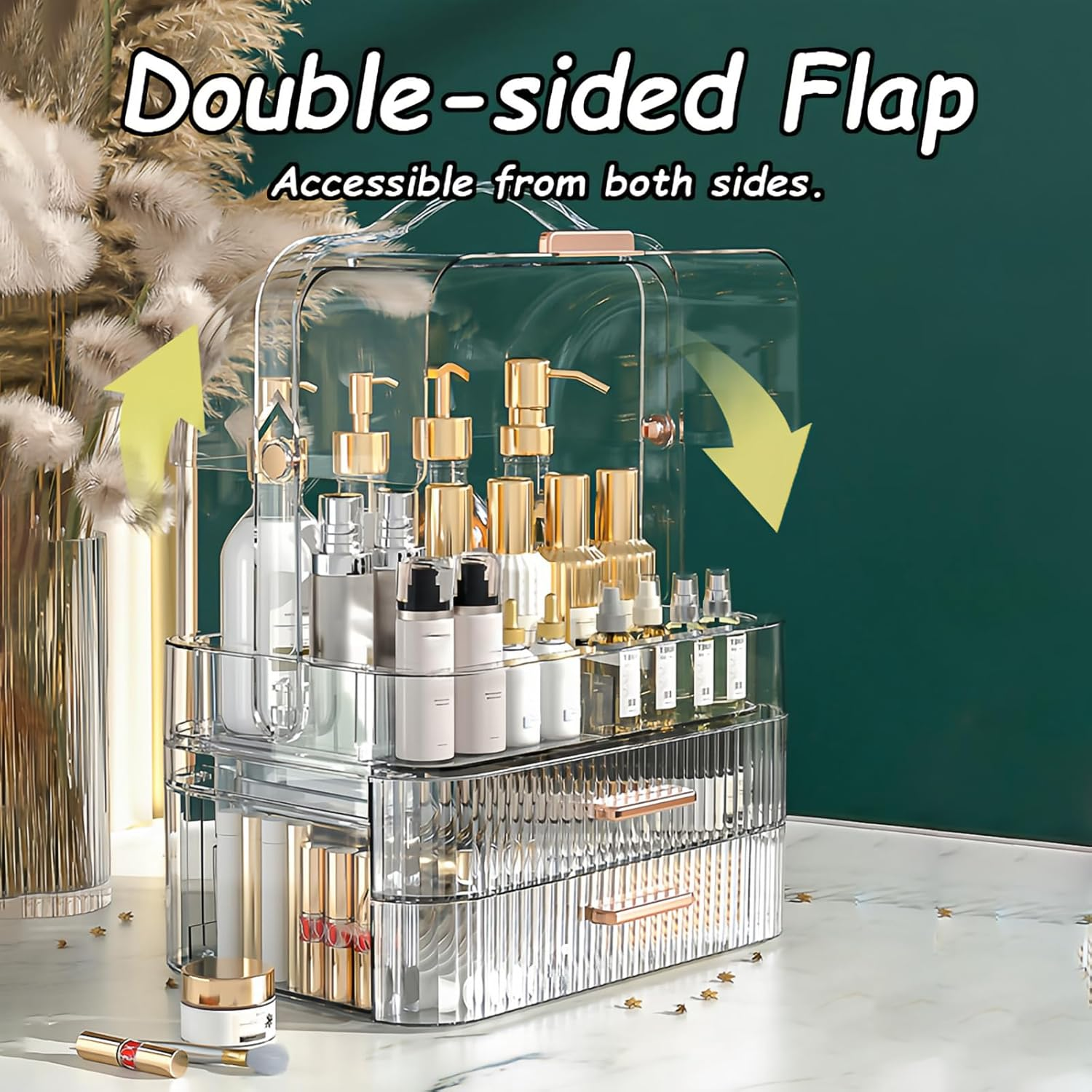 Makeup Organizer, Cosmetics Organizer Box with Double-Layer Drawers, Double-Sided Flap Design, Cosmetics Storage Display Case for Countertop, Dresser, Bedroom, Bathroom image number 5