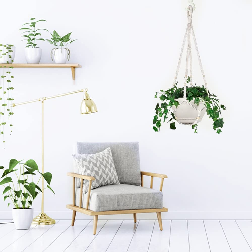 Shineloha 43 Inches Macrame Plant Hanger Large for up to 12 Inch Pot Extra Long + Hook | No Tassel, Cotton Rope Hanging Plant Holder with Swag Hook, NO Plant/Pot Included (White) image number 1