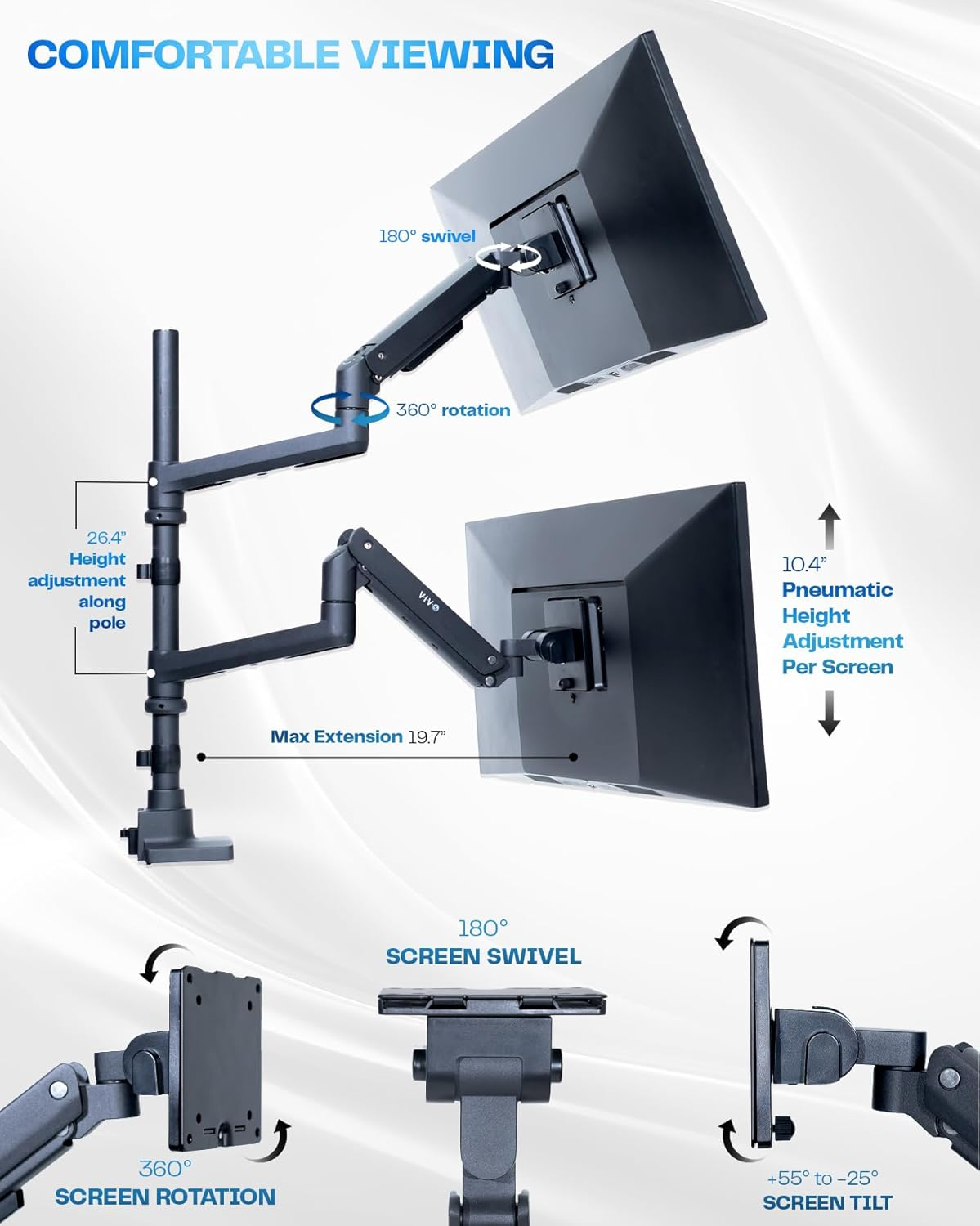 VIVO Pneumatic Arm Dual Ultrawide Monitor Extra Tall Desk Mount for up to 49 Inch Screens, Heavy Duty Clamp, Holds 2 Ultra Wides up to 20Kg, Black, STAND-V120K image number 3