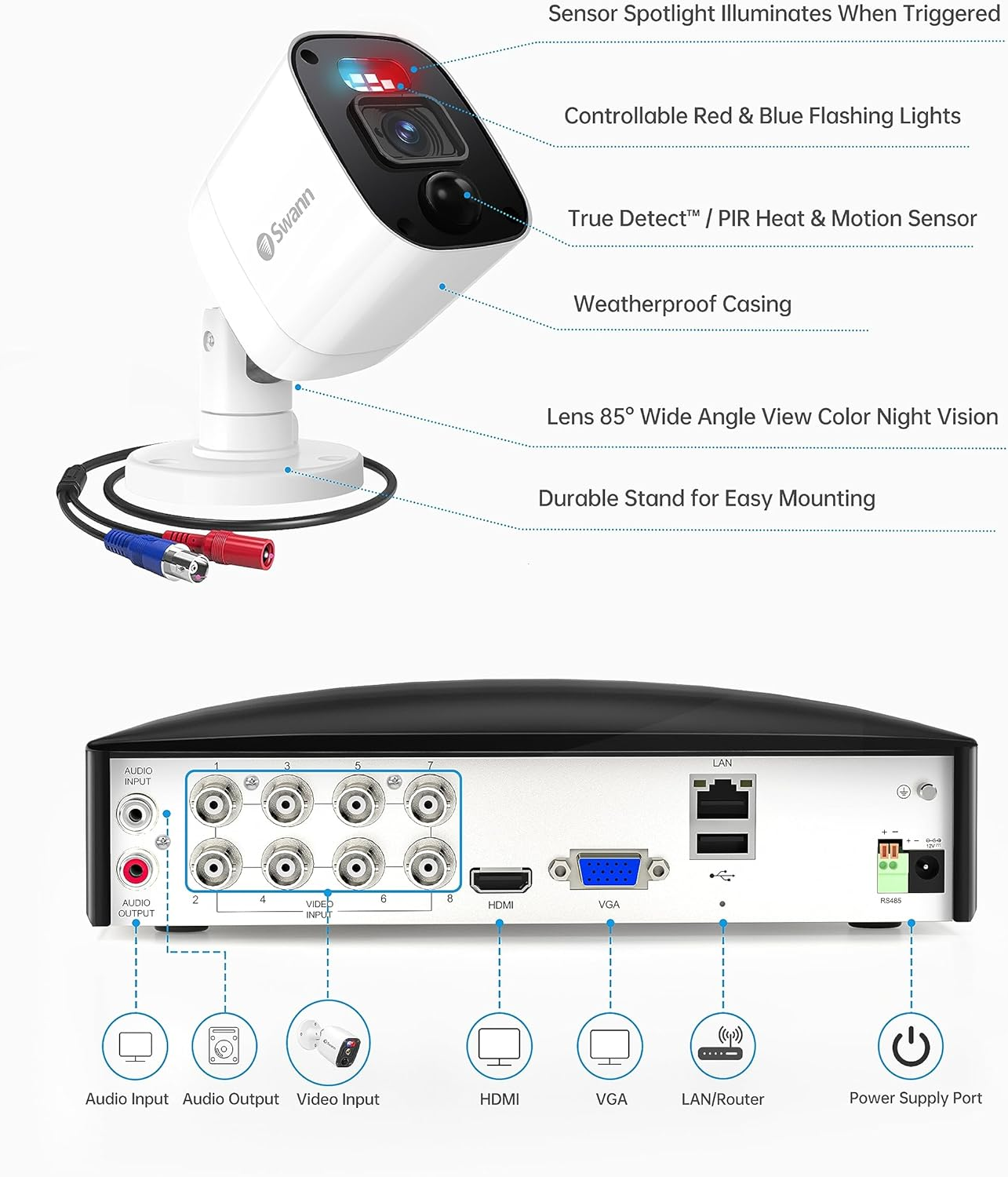 Swann 8 Channel 8 Camera 1080P Full HD Security System with 4680 1TB DVR Recorder, Wired Surveillance Bullet Cameras, Colour Night Vision, Heat & Motion Detection & Microphone | SWDVK-846808MQB image number 3