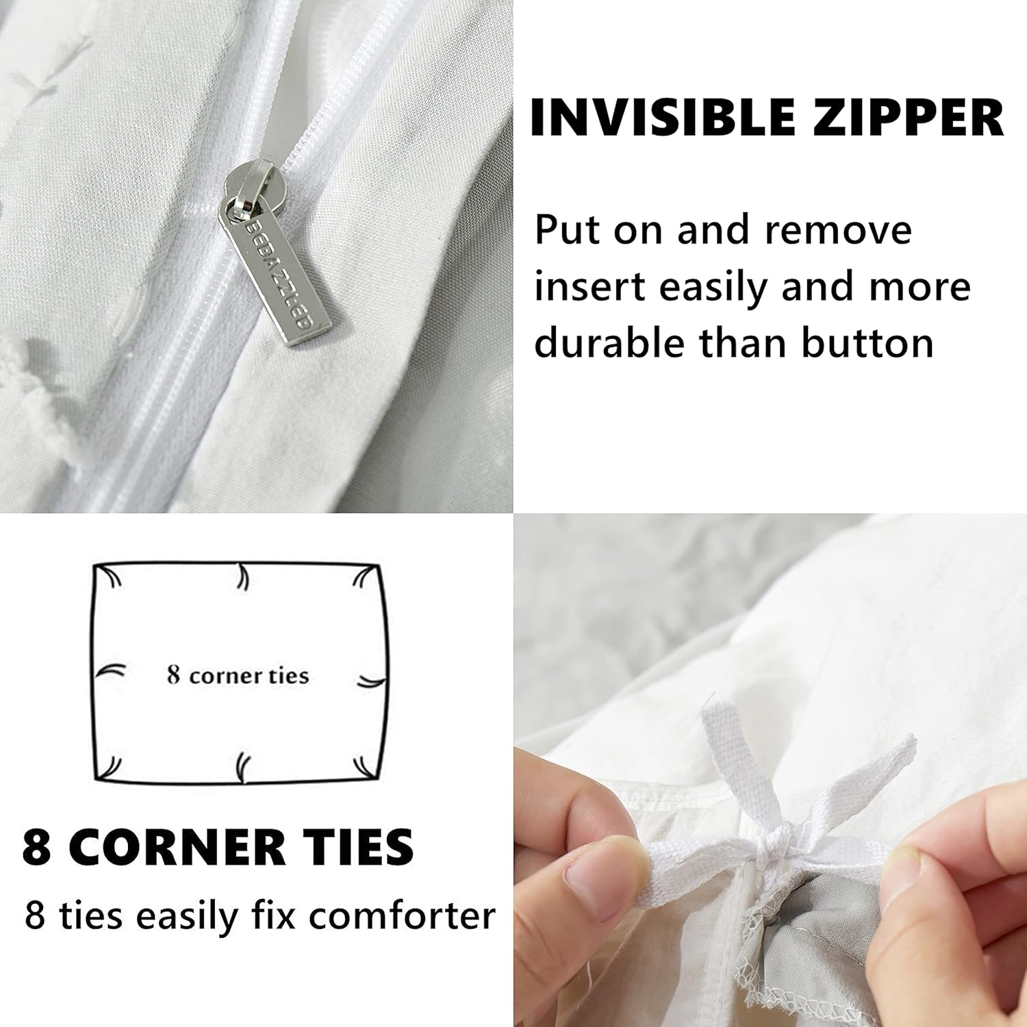 Quilt Cover King Size, Shabby Chic Tufted Beige Duvet Cover Set, 3PCS Soft and Breathable Textured Boho Bedding Set with Zipper Closure (Lihght Grey, King) image number 3