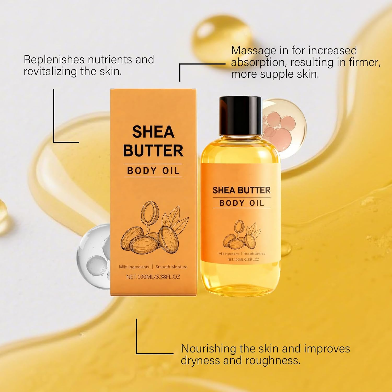 Shea Butter Body Oil, Deeply Moisturizing & Hydrating Body Oil for Sensitive and Dry Skin, Nourishing and Soothing Damaged Skin, Long Lasting Refreshing Non-Greasy (1Pcs) image number 5
