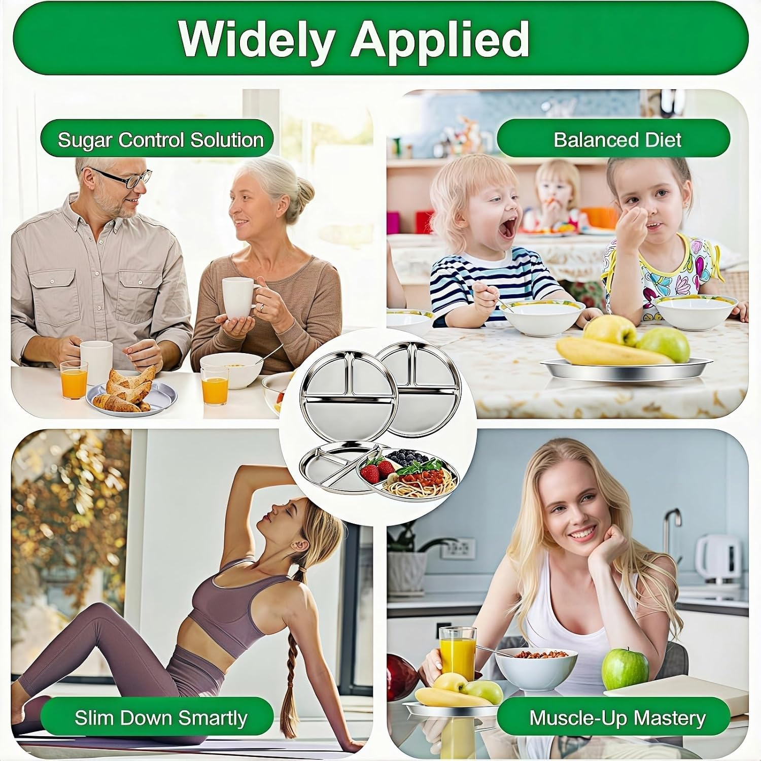 4 Pack Stainless Steel Kids Plates,8In Portion Control Platter with 3-Compartment 304 Stainless Steel，Easy to Clean Plate for Adults Kids of Camping, Breakfast ，Lunch and Dinner image number 2