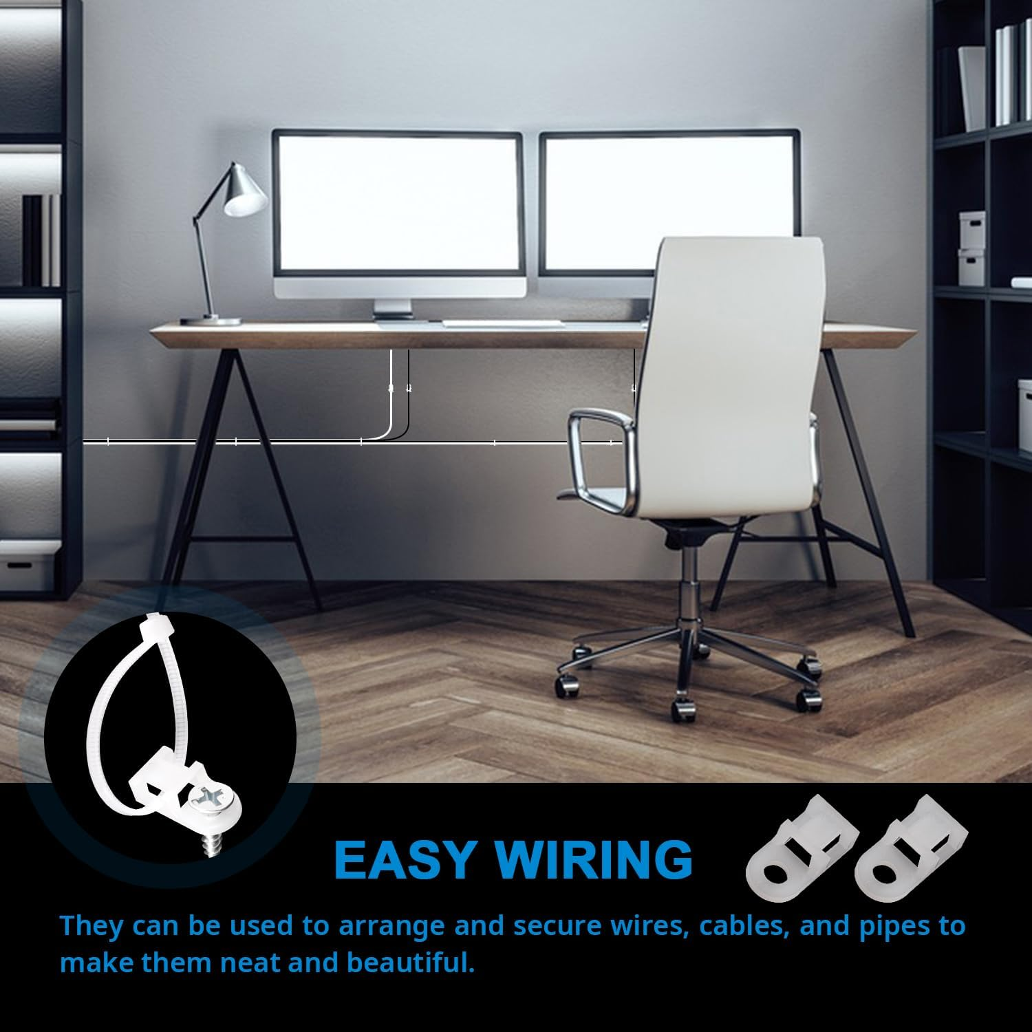 Voogenzek 90 Sets 19.6 * 9.7 Mm Saddle Type Cable Tie Mount Bases, Saddle Type Mount Wire Holder, with M3.5 Screws and Cable Ties, for Wire and Cable Tidy, White