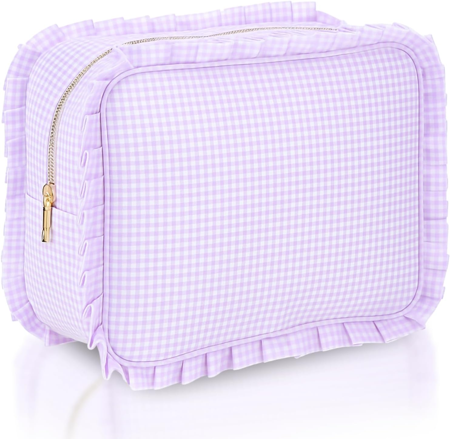 Siltriangle Gingham Ruffle Makeup Bag Large Travel Cute Checkered Cosmetic Toiletry Bag with Zipper for Women Girls, Toiletry Pouch Make up Organizer Gift, Purple image number 7