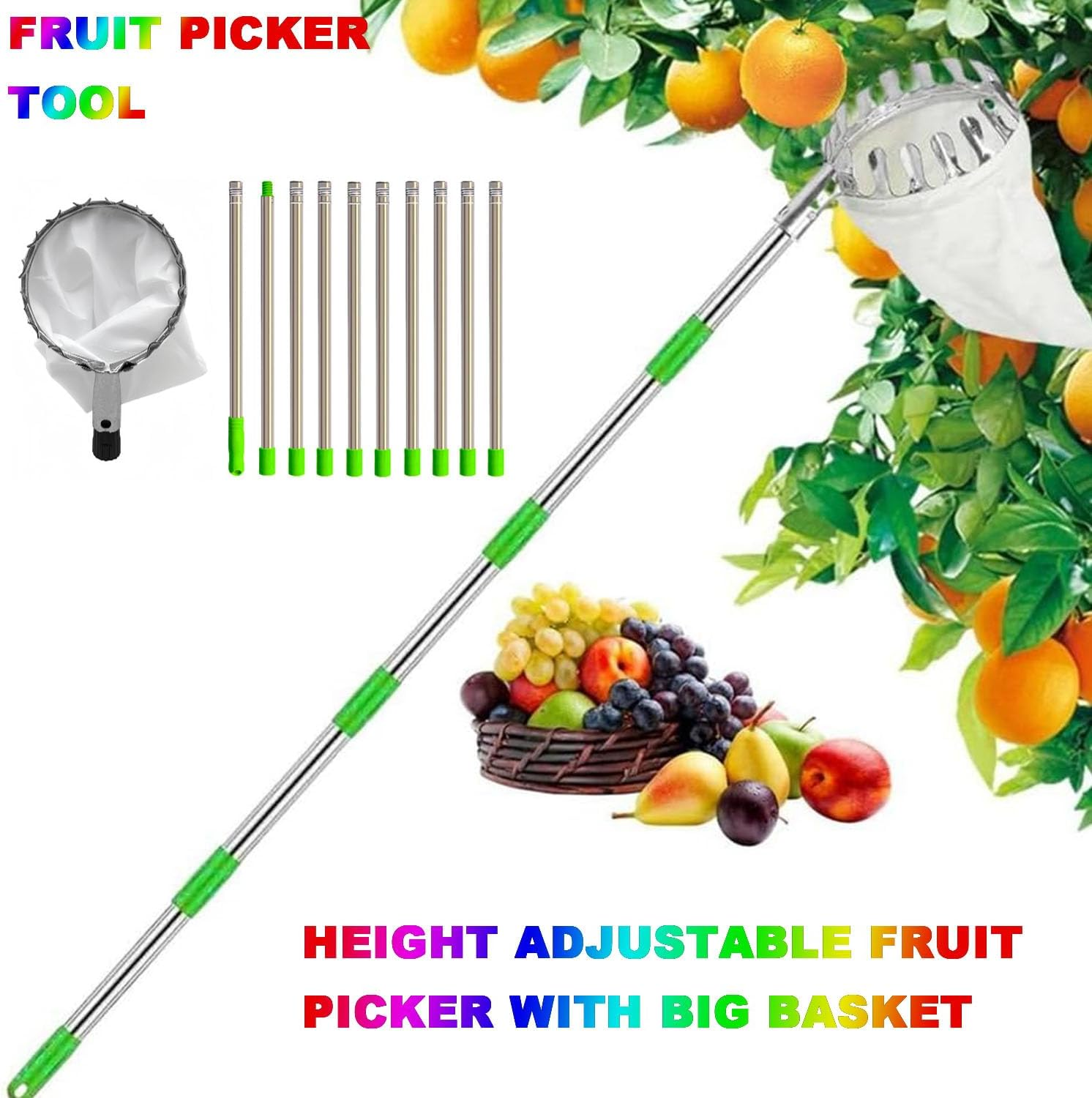 WADY Fruit Picker Tool, 4M Telescopic Fruit Picker Pole,10 Extension Poles Extendable Fruit Picker Basket,Lightweight Fruit Picking Grabber,Fruit Picker Head Basket,Apple Picker Pole for Garden (13Ft) image number 6
