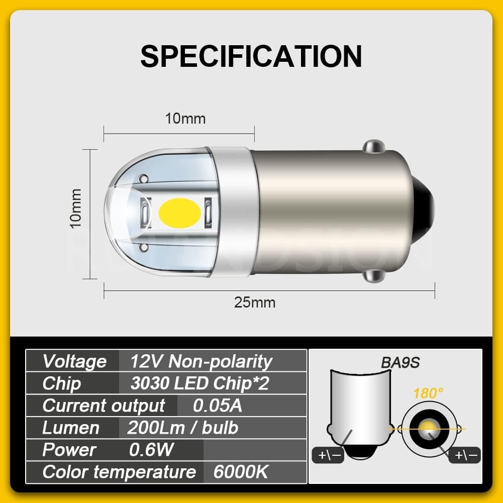 Ruiandsion BA9S LED Bulb BA9 1895 1891 53 57 White 12V LED Bulb 3030 2SMD Chipsets LED Replacement Bulbs for Car Interior Dome Map License Plate Glove Box Lights (Pack of 4) image number 2