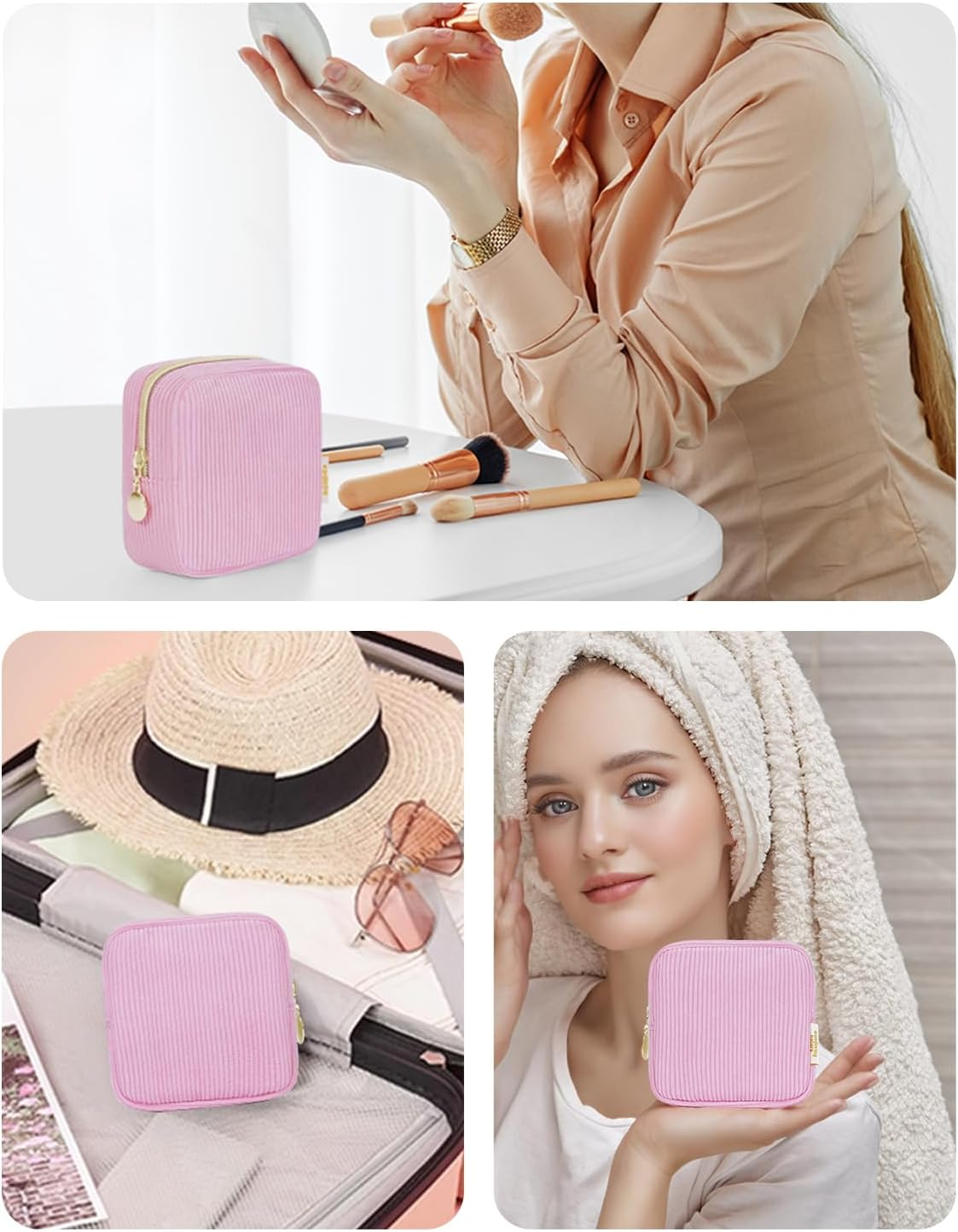 Wandering Nature Small Makeup Bag for Purse Zipper Cosmetic Bag for Women Pouch Travel Eco Vegan Leather Make up Organizer for Toiletry Bag Water Resistant Gift Idea, Black, Corduroy Pink, Mini, - Beige image number 4