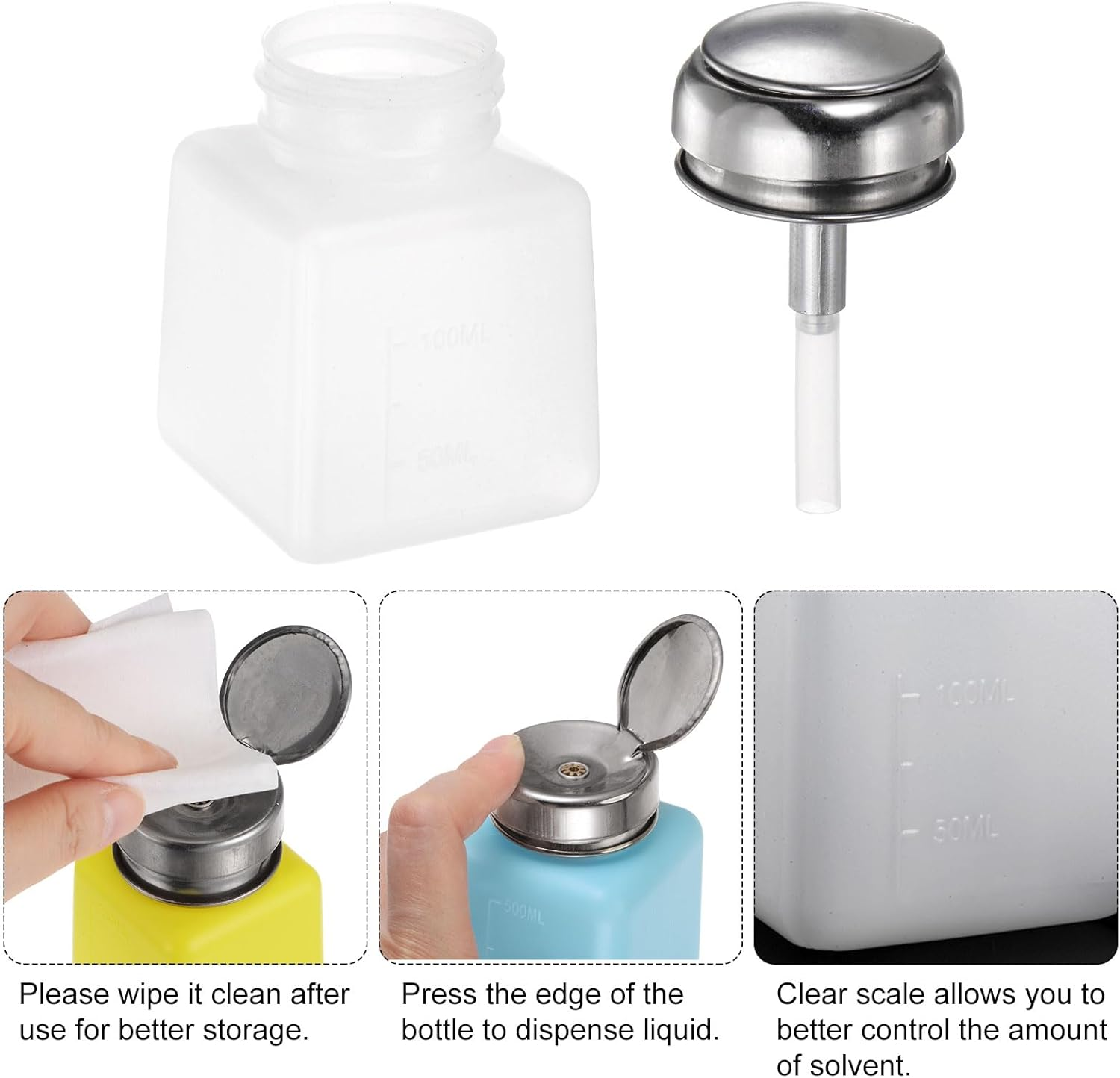 Uxcell 3Pcs Solvent Alcohol Dispensers 100Ml(3.4Oz) Push down Liquid Dispenser Pump with Sealing Stainless Steel Lid for Acetone Solution, White image number 3