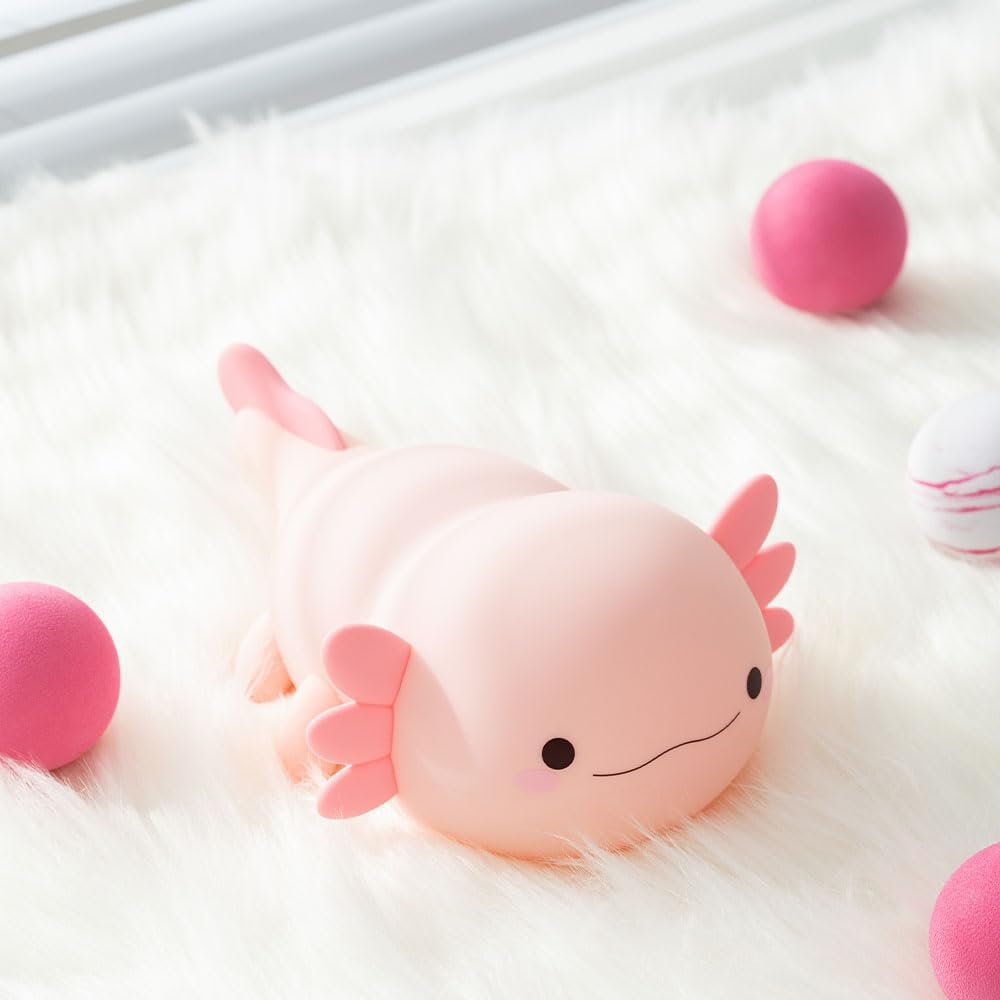 Magical JD Axolotl Night Light for Kids Bedroom, Animal Silicone Nursery Night Lamp Touch Dinosaurs Nightlights USB Rechargeable Bedside Lamp for Baby Children Toddlers Girls Gift (Pink Axolotl) - White Ghost image number 5