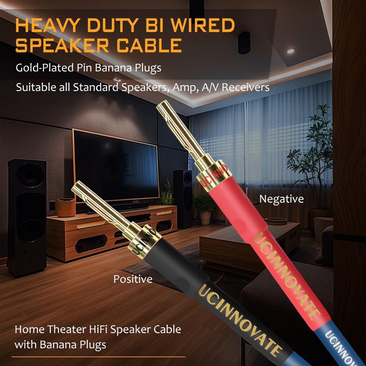 UCINNOVATE Bi-Wired Speaker Cable with Pin Banana Plugs, 13 AWG 2 Pack 9.8Ft / 3M Speaker Wire with Gold-Plated Banana Plugs, Heavy-Duty Blue Speaker Cable for Hi-Fi Home Audio Amp image number 4
