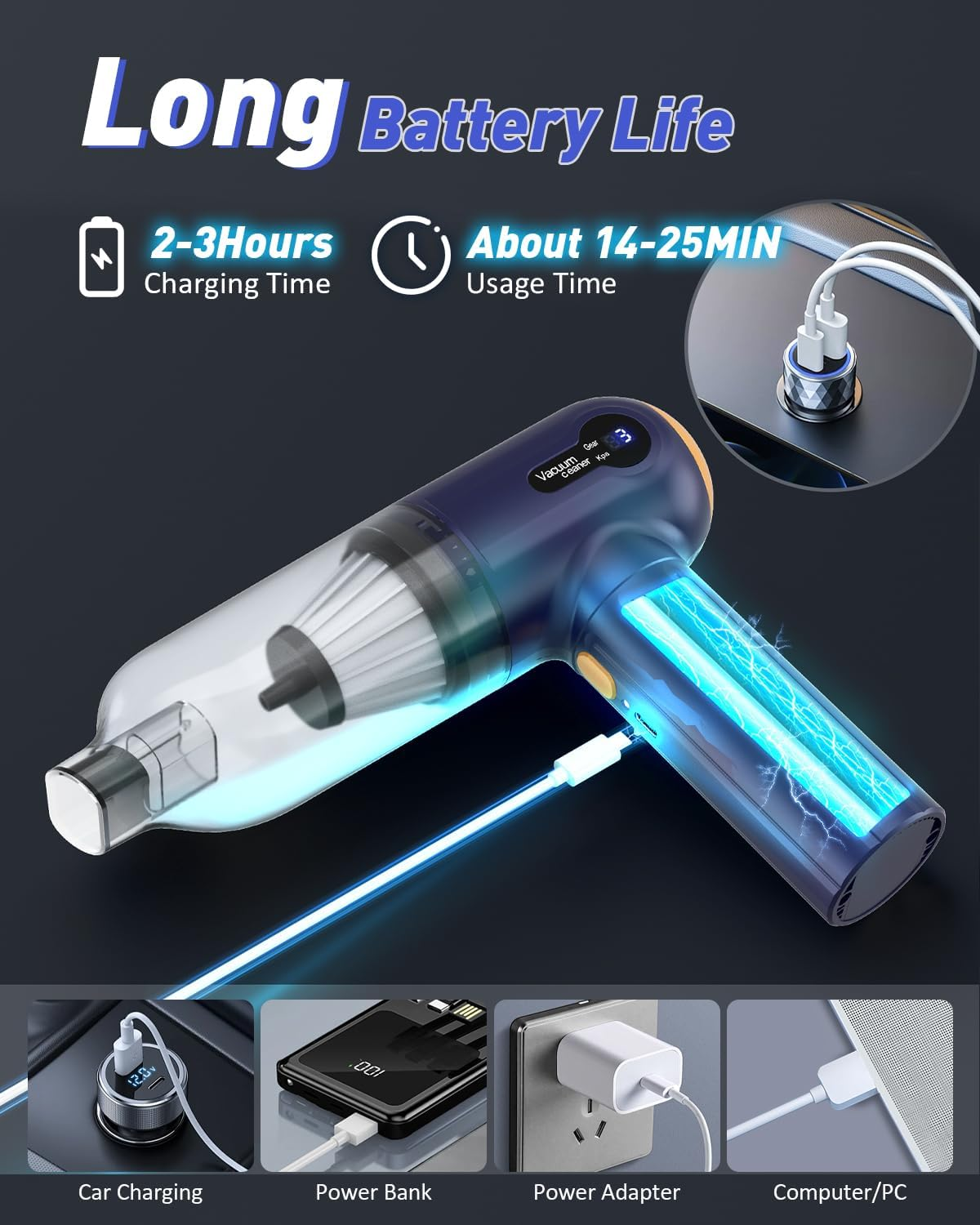 Musclez Car Vacuum Cleaner, 15000PA Mini Portable Handheld Car Vacuum Rechargeable Dust Buster, Wireless Air Blower, LED Display Powerful Cordless Vacuum Cleaner for Home Pet Hair Office(Blue Gray)