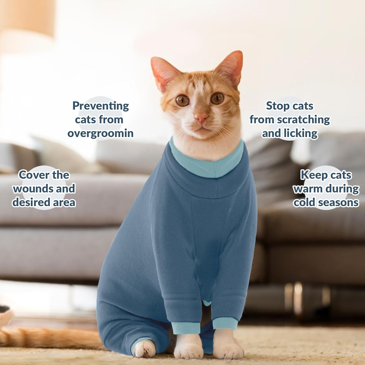 Cat Clothing, Cat Bodysuit after Surgery Post-Operative Clothing for Cats, Body Operation Recovery, Anti-Leaking, Long Sleeve, 4 Legs, Onesie, Cat Clothing, Shirts, 4-Legged (Blue-Grey, L) image number 7