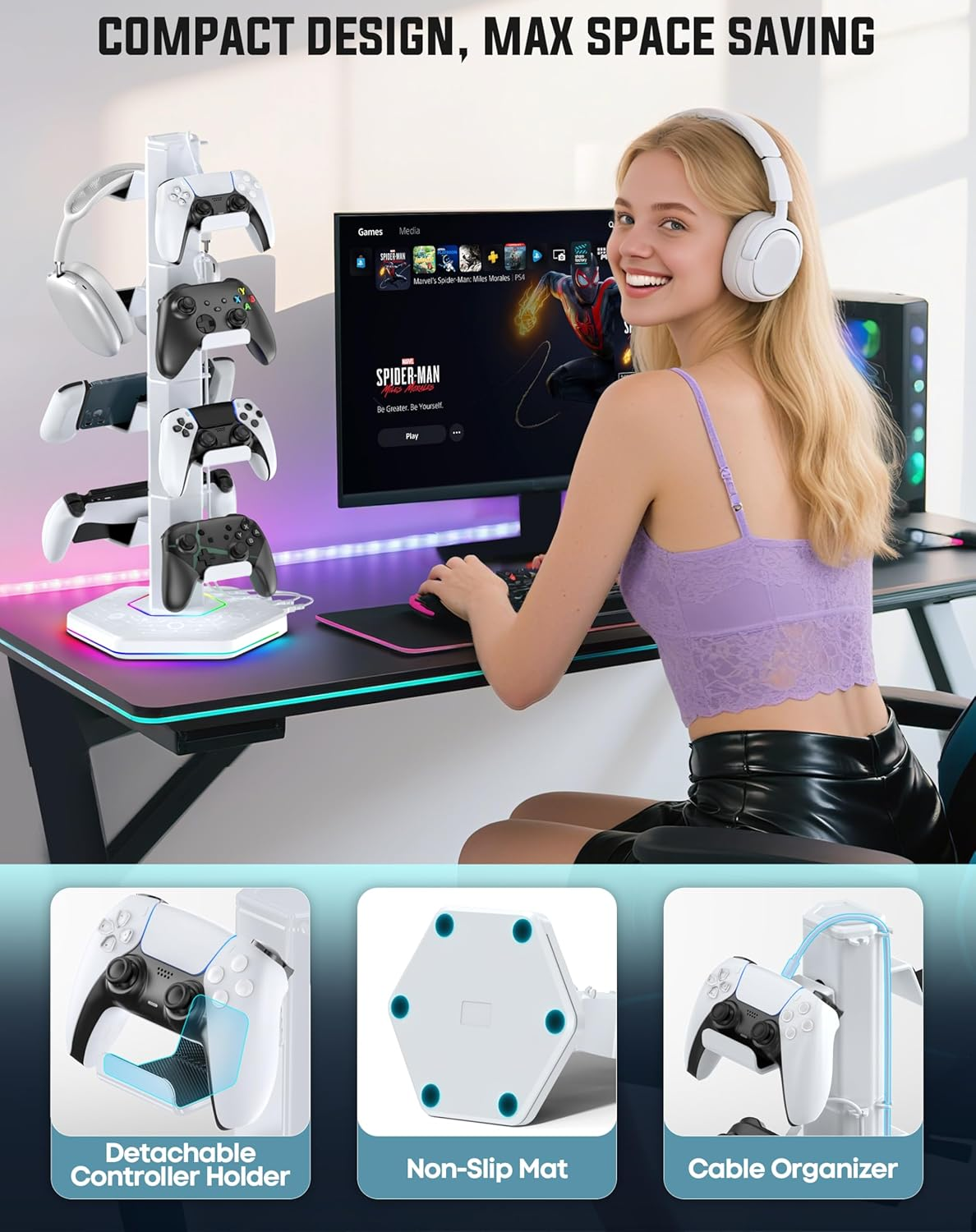 Kytok RGB Controller Holder for Ps5/Ps4/Xbox/Switch, Headphone Stand with 2 USB Charging Ports & Type-C & Headphone Jack, Controller Stand with Cable Organizer, Headset Holder for Desk, 4 Tiers White image number 6