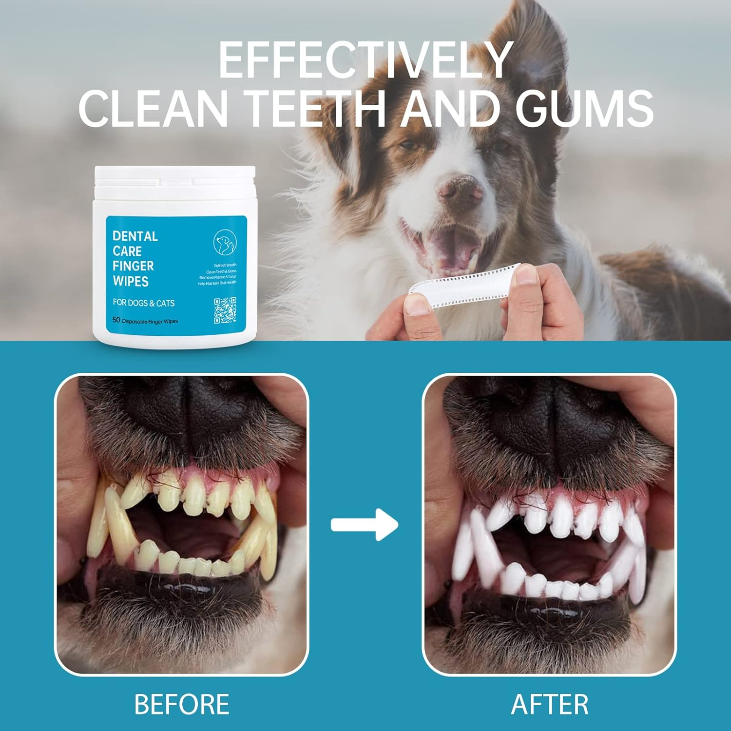Dog Dental Wipes for Cats & Dogs Teeth Cleaning - Safe Vet Approved, Breath Freshener, Tartar Remover, All Natural Organic, 50Ct Pre-Soaked Finger Wipes image number 5
