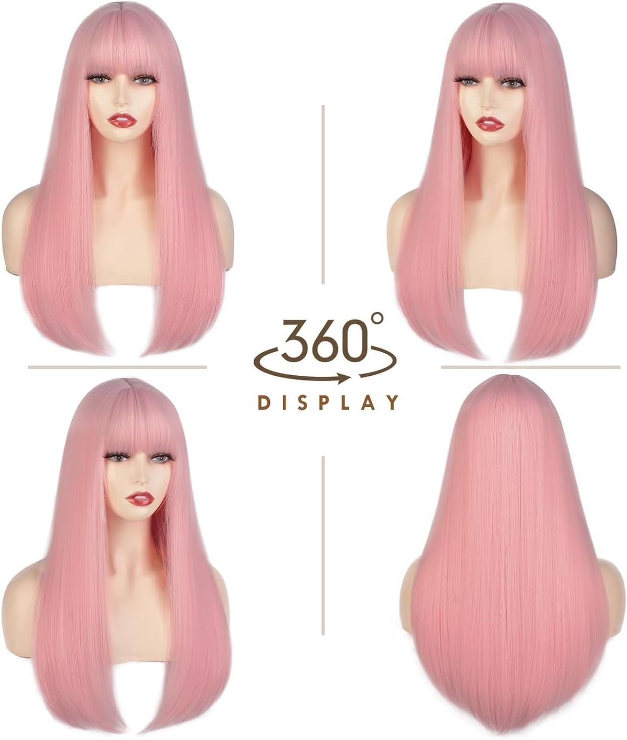QAUARUMSUN Long Pink Straight Wig with Bangs Light 26 Inch Pink Wigs for Women Pastel Wig for Grils Charming Syntheticcosplay Wig for Party Halloween Daily image number 5
