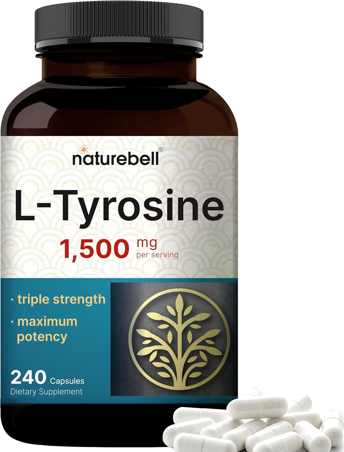 Naturebell L-Tyrosine Capsules, 1000Mg per Serving, 200 Capsules, Support Memory and Cognitive Health, No Gmos.