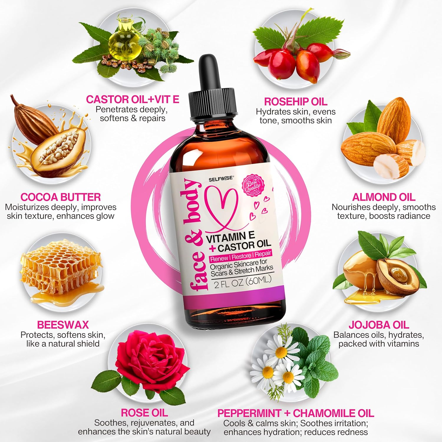 Organic Castor Oil with Vitamin E Face & Body Oil - 12-In-1 Fast Absorbing Multi-Purpose Moisturizing Elixir for Skin, Scars, Stretch Marks & Wrinkles. Cold Pressed, Hexane-Free, All Skin Types image number 6