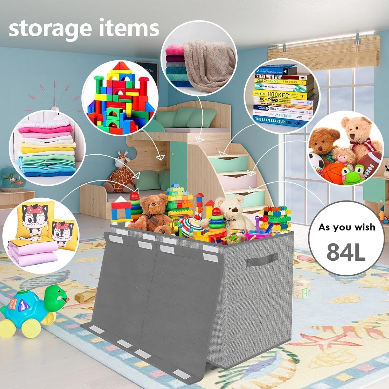 Large Toy Box Storage Chest for Girls Boys Kids,Collapsible Toy Bin Organizer Basket with Lids,Sturdy Toy Storage Organizer Bins Boxes for Blanket,Toys,Kids,Girls,Toddler,Nursery,Playroom image number 4