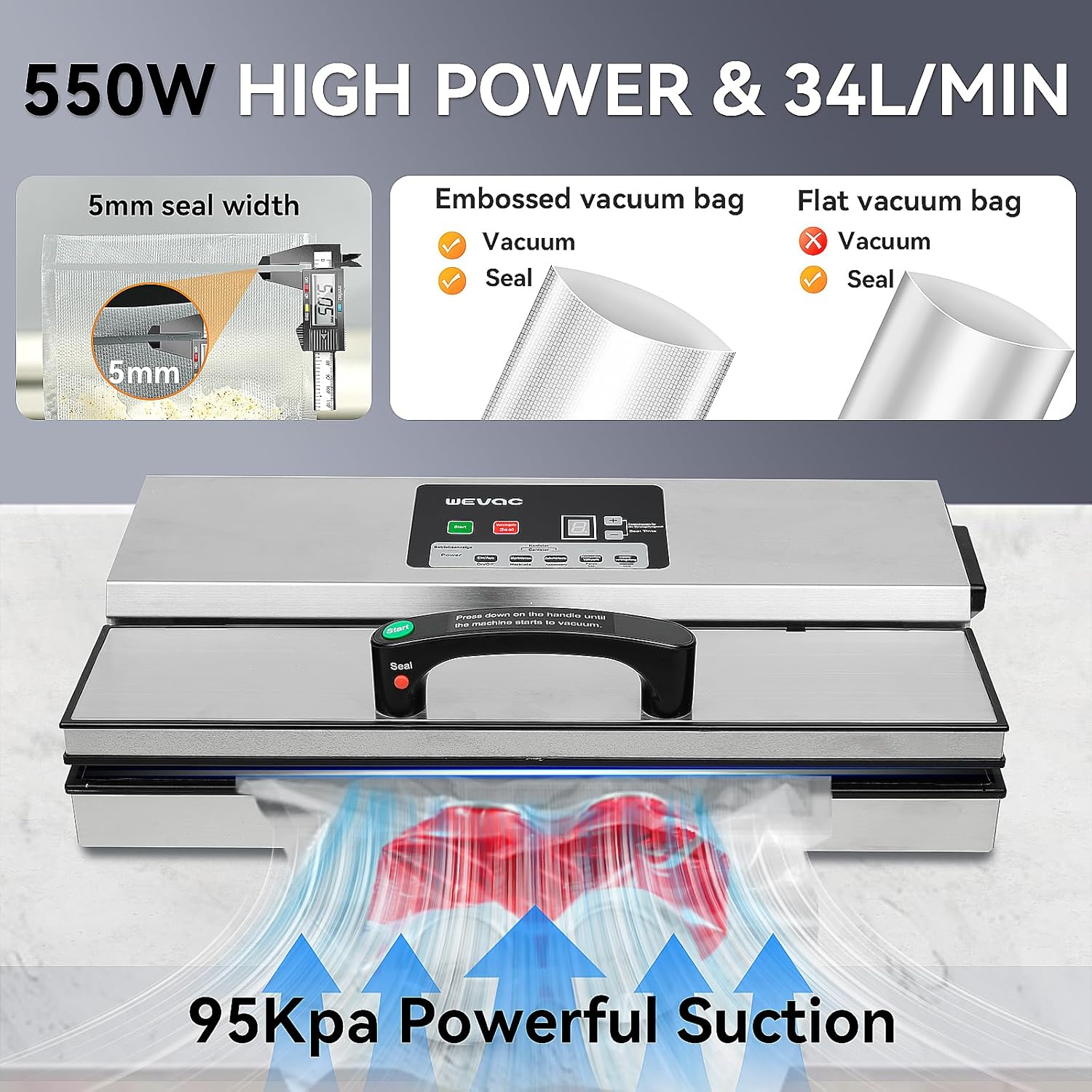Wevac Food Vacuum Sealer Machine, Stainless 95Kpa Powerful Cryovac Machine, 5 * 400Mm Wide Seal, for Dry/Wet/Sous Vide, Commercial-Grade Seal, Includes 20 Vacuum Sealer Bags Bpa-Free image number 5