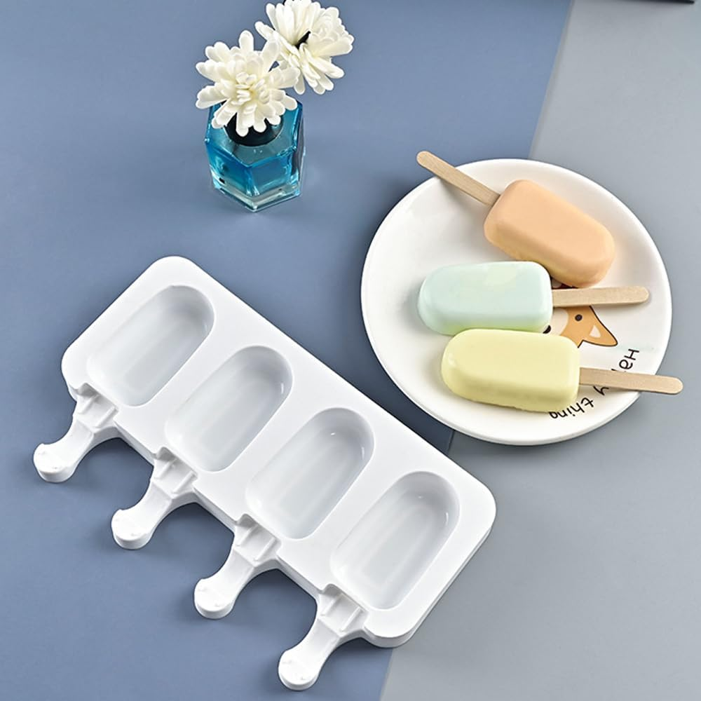 2 Pieces Ice Cream Moulds, 4 Compartments White Ice Cream with 50 Wooden Sticks, Silicone Ice Cake Mould, Cheese Sticks for DIY Ice Lolly (21.5 X 12.5 X 2 Cm) image number 2