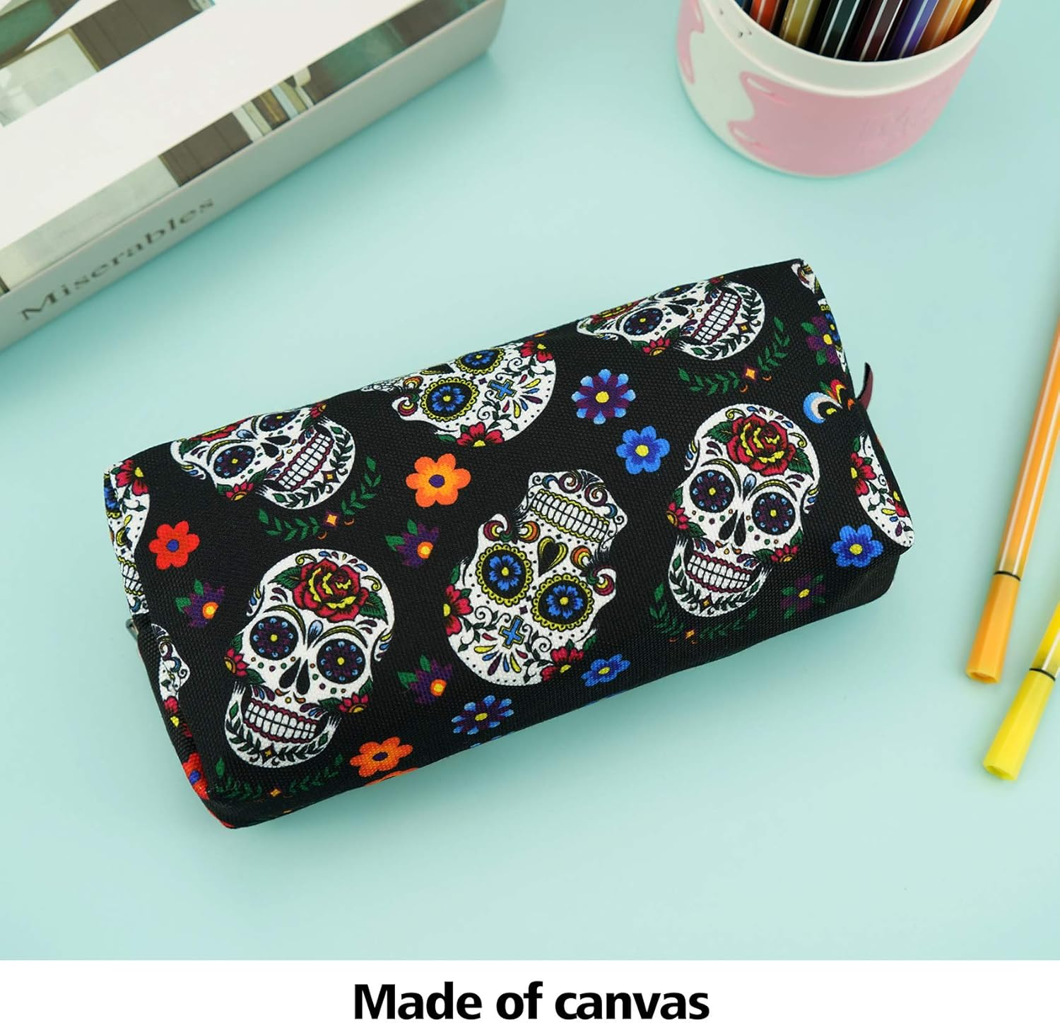 Lparkin Sugar Skull Pencil Case Super Large Capacity Canvas Pen Bag Pouch Stationary Case Makeup Cosmetic Bag Gadget Box image number 2