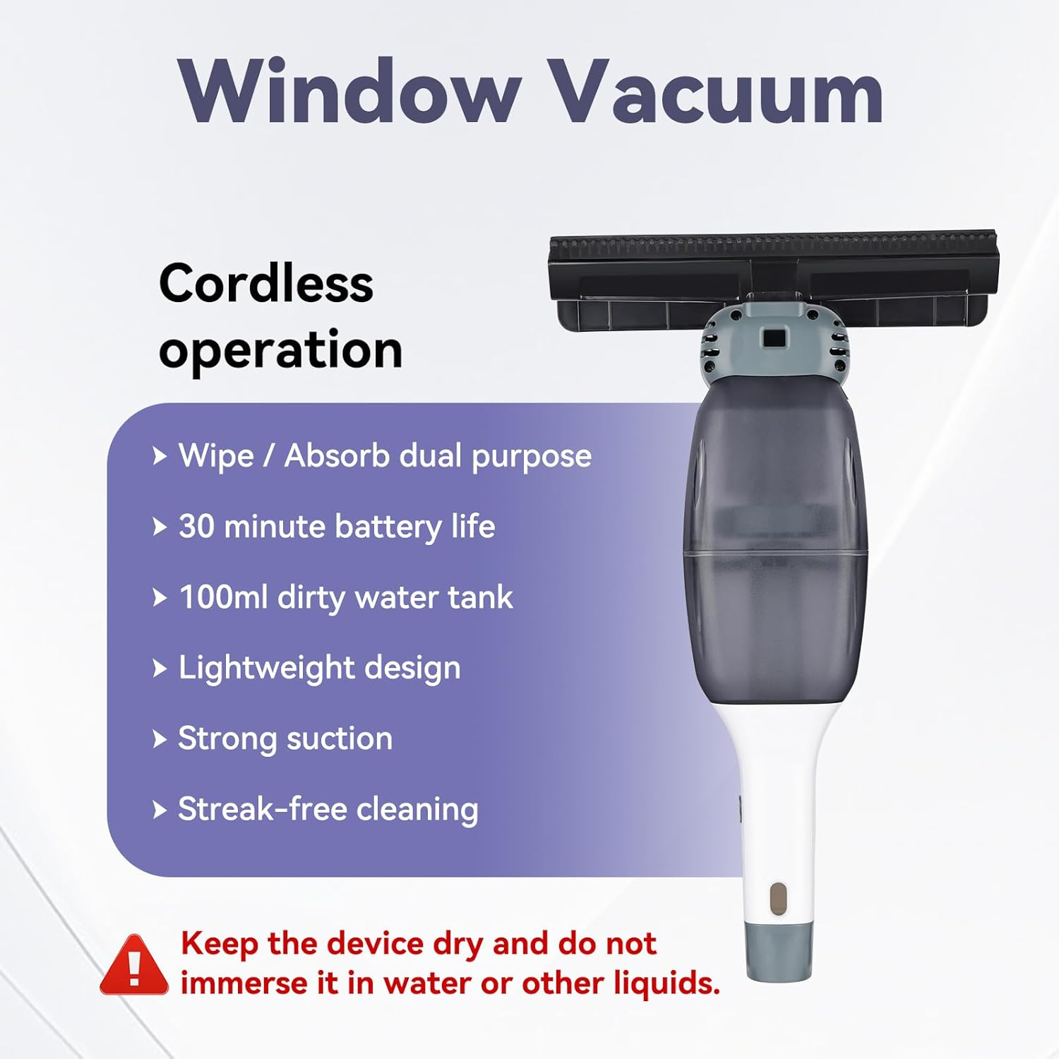 Cordless Window Vacuum Squeegee: Window Vac with Detachable Water Tank and Strong Suction, Electric Cleaning Tool for Shower Wall, Mirror, Glass, Car Windshield, Countertop, Tile image number 1