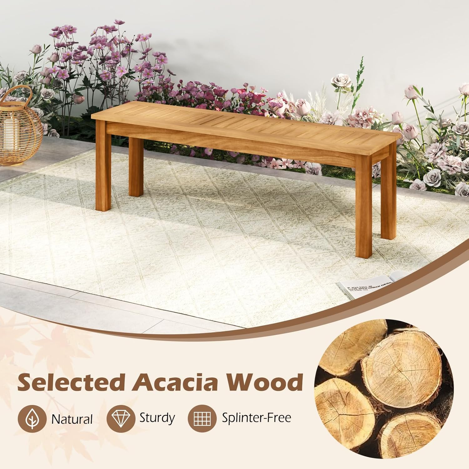 Acacia Wood Outdoor Bench, Patio Bench W/Slatted Seat & Solid Wood Legs, Outdoor Wooden Backless Bench for Entryway, Backyard, Porch, Garden, Natural Teak Color (Style 1) image number 4