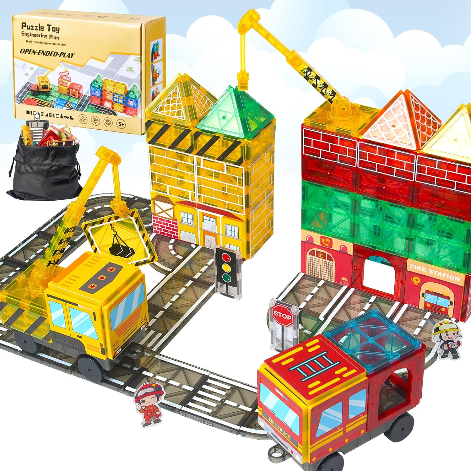 SPANKAR Magnetic Tiles Road Set for Kids, STEM Magnet Toys W/Extendable Magnetic Crane,City Building Blocks,Montessori Toys for Toddlers,Construction Gift Toy for 3 4 5 6 Year Old Boys & Girls image number 4