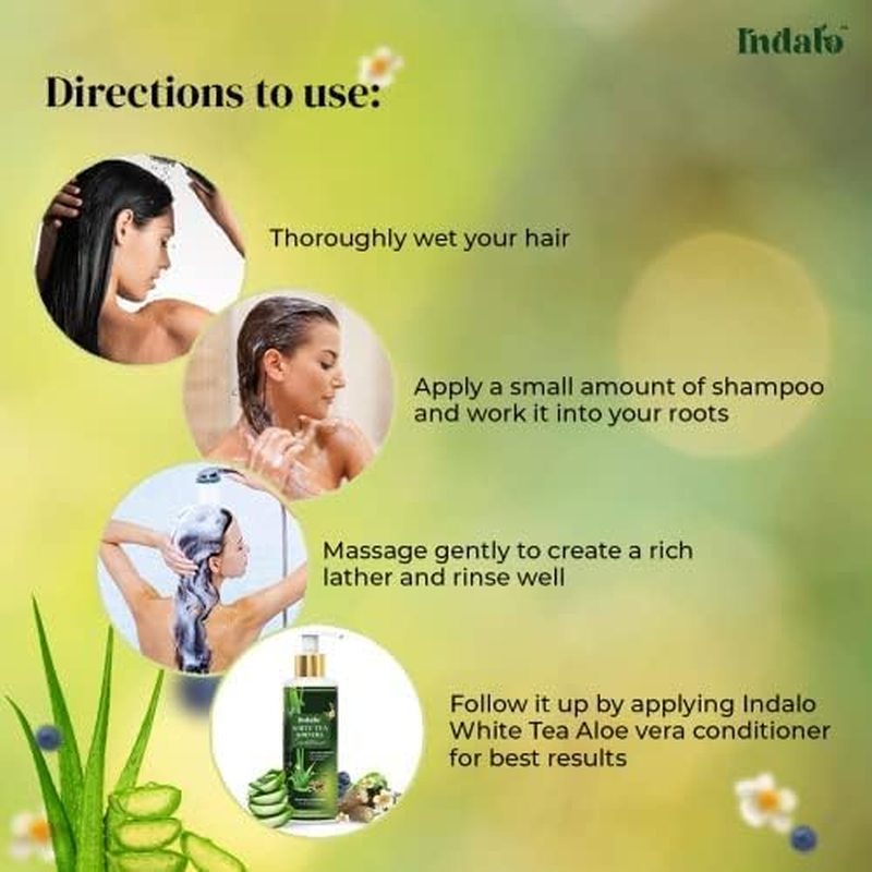 Indalo White Tea Aloevera Strengthening and Volumizing Shampoo, 200Ml, with Licorice and Blue Berries for Oily Hair, Paraben Free, Sulphate Free, for Men and Women image number 4